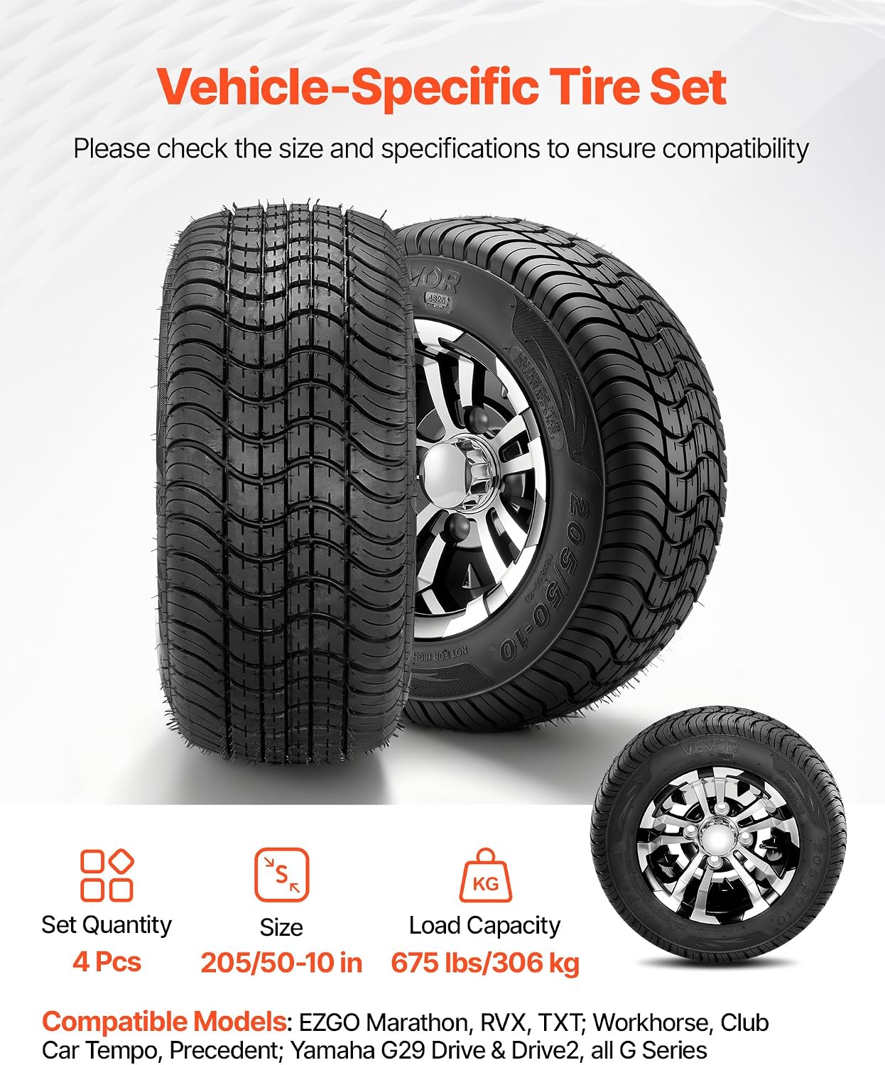VEVOR Golf Cart Wheels, 10' 205/50-10 Black Aluminum Alloy Golf Cart Tires and Wheels Combo (Set of 4) Fit Club Car, EZGO, Yamaha, 4 Ply Rubber 4-Lug Lawn Mower Tires & Rims, 675 lbs Load, All-Terrain