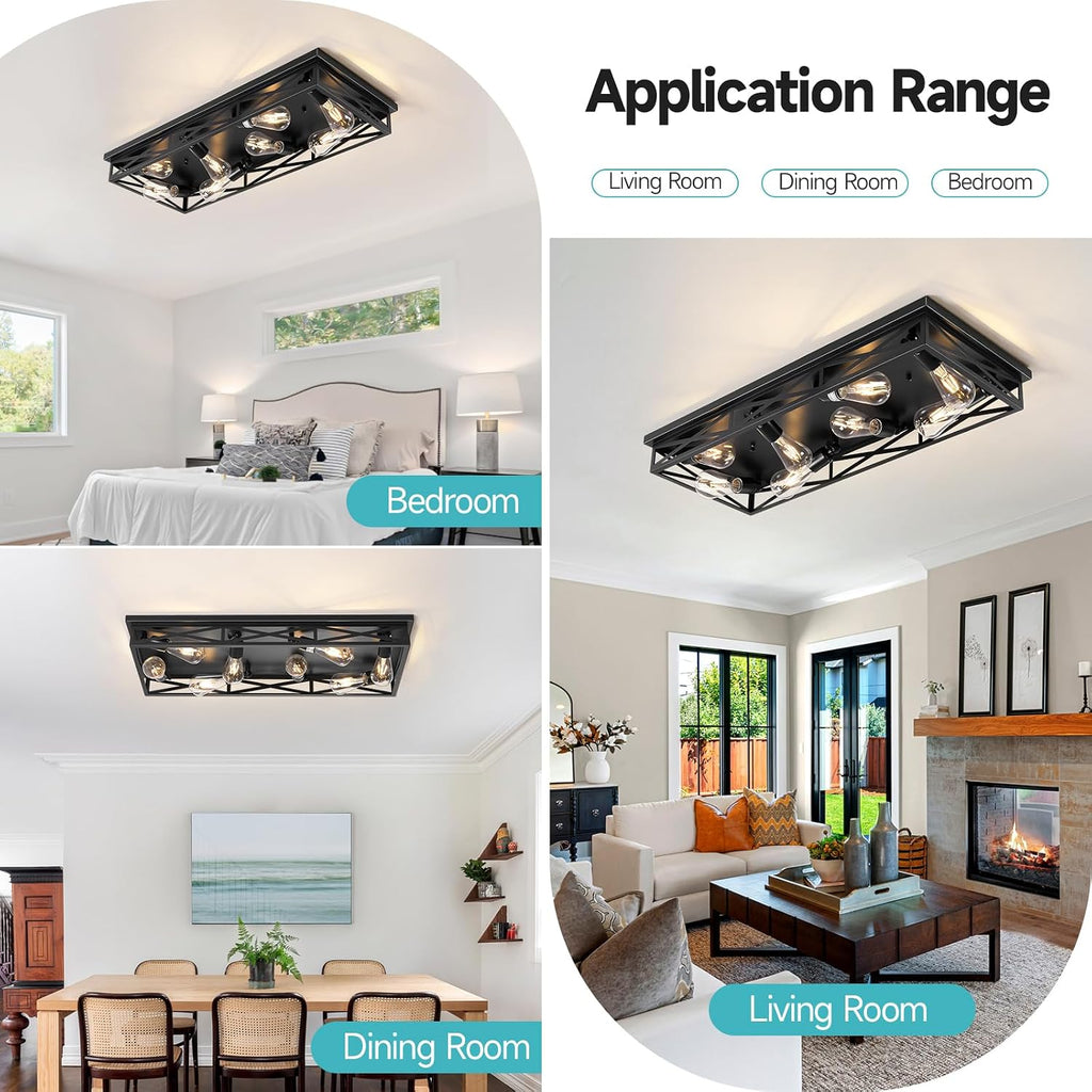 8-Light Large Flush Mount Ceiling Light Fixture, 31' Black Hallway Light, Metal Cage Closed to Ceiling Mounted Lights, Farmhouse Flush Mount Light Fixture for Bedroom Kitchen Hallway Entryway