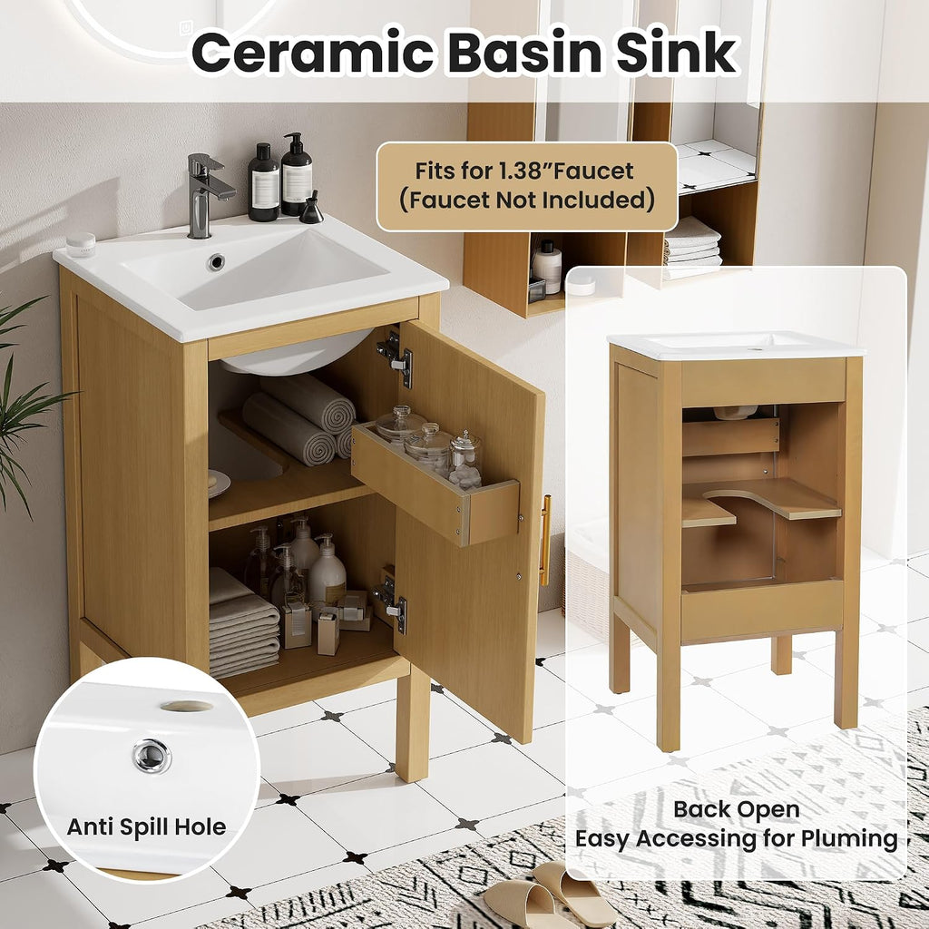 18-inch Bathroom Vanity with Sink Combo, Free-Standing Single Storage Cabinet with One Soft-Close & Adjustable Shelf, Modern Natural Wood Grain Vanity with Ceramic Basin for Bathroom (Natural)