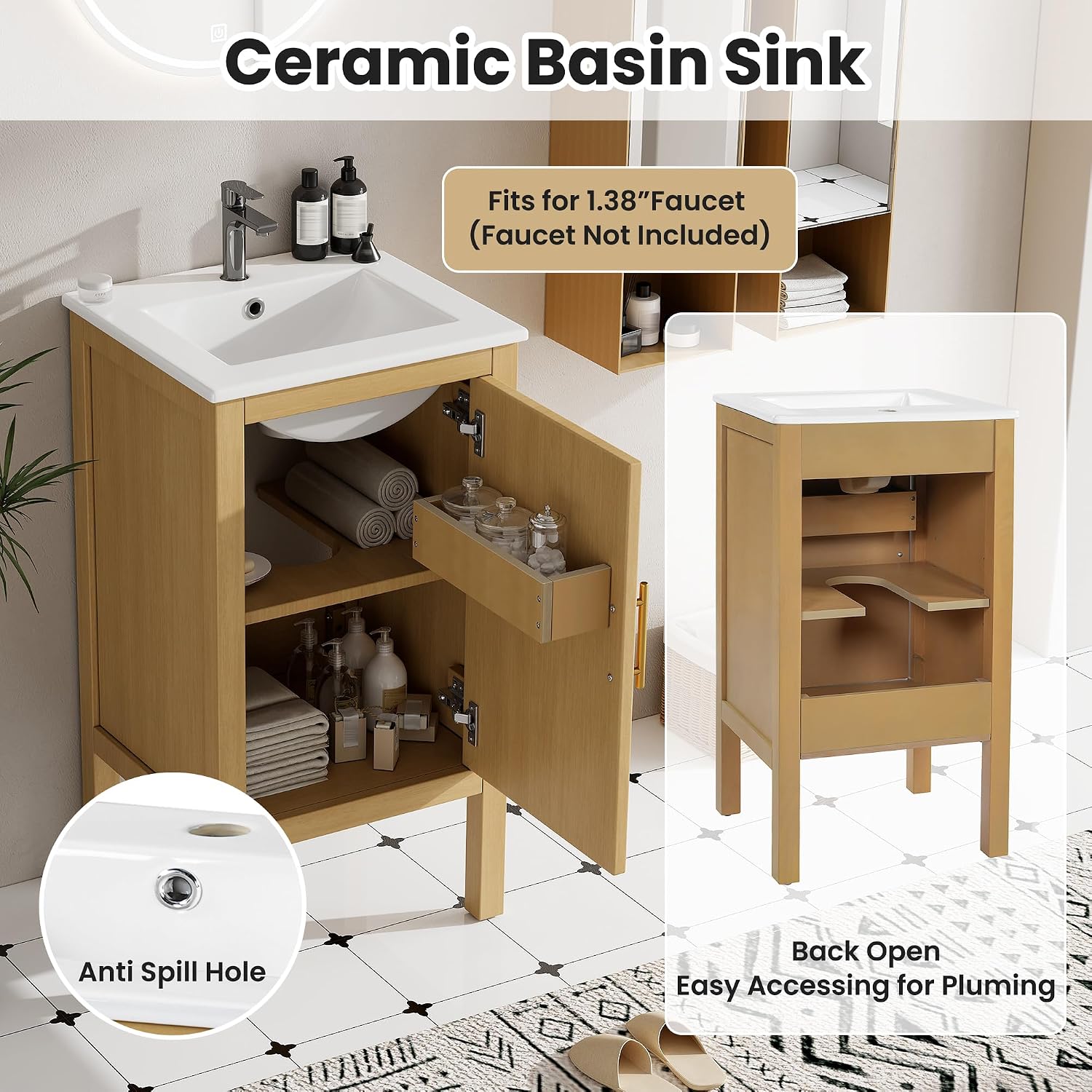 18-inch Bathroom Vanity with Sink Combo, Free-Standing Single Storage Cabinet with One Soft-Close & Adjustable Shelf, Modern Natural Wood Grain Vanity with Ceramic Basin for Bathroom (Natural)