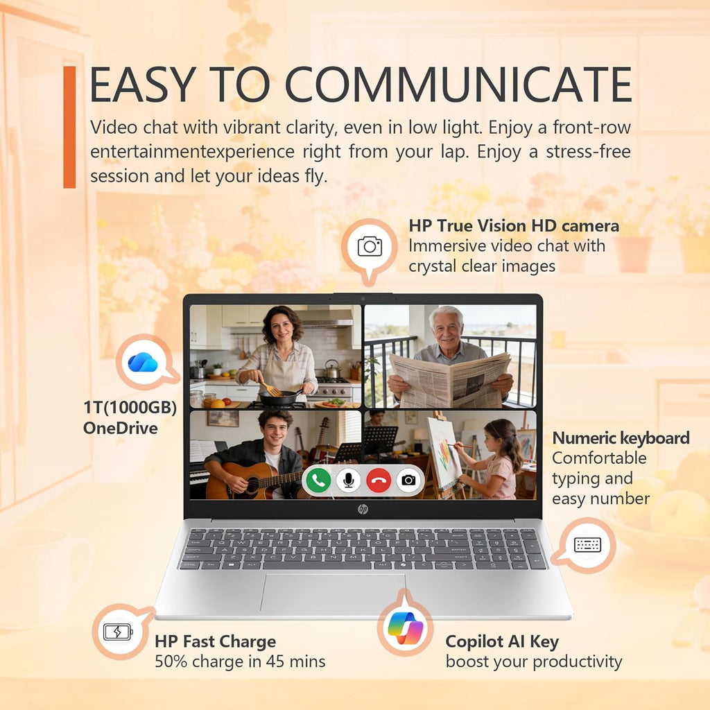 HP 15.6' Laptop – Complete Productivity Solution, Windows 11 with Microsoft Office, Intel 4 Core N100, 8GB RAM, 128GB UFS, 512GB SD Card, Copilot AI, Lightweight – Silver