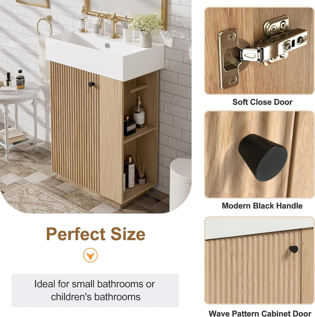21.6-inch Bathroom Vanity with Reversible Sink, Free-Standing Single Storage Cabinet with One Left Door and Side Open Shelf, Vanity with Ceramic Basin for Bathroom (Wood)