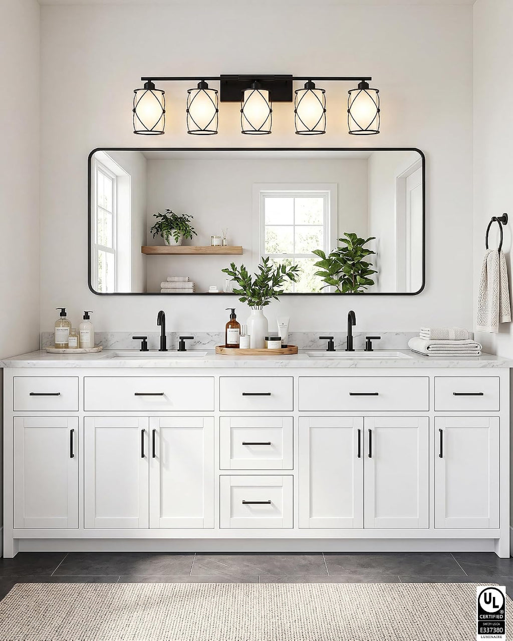 5-Light Matte Black Bathroom Light Fixtures Over Mirror, 38' UL-Listed Modern Farmhouse Wall Sconce Lights with Milk White Frosted Glass and Metal Cage for Bath, E26, CH9176BKW-5W