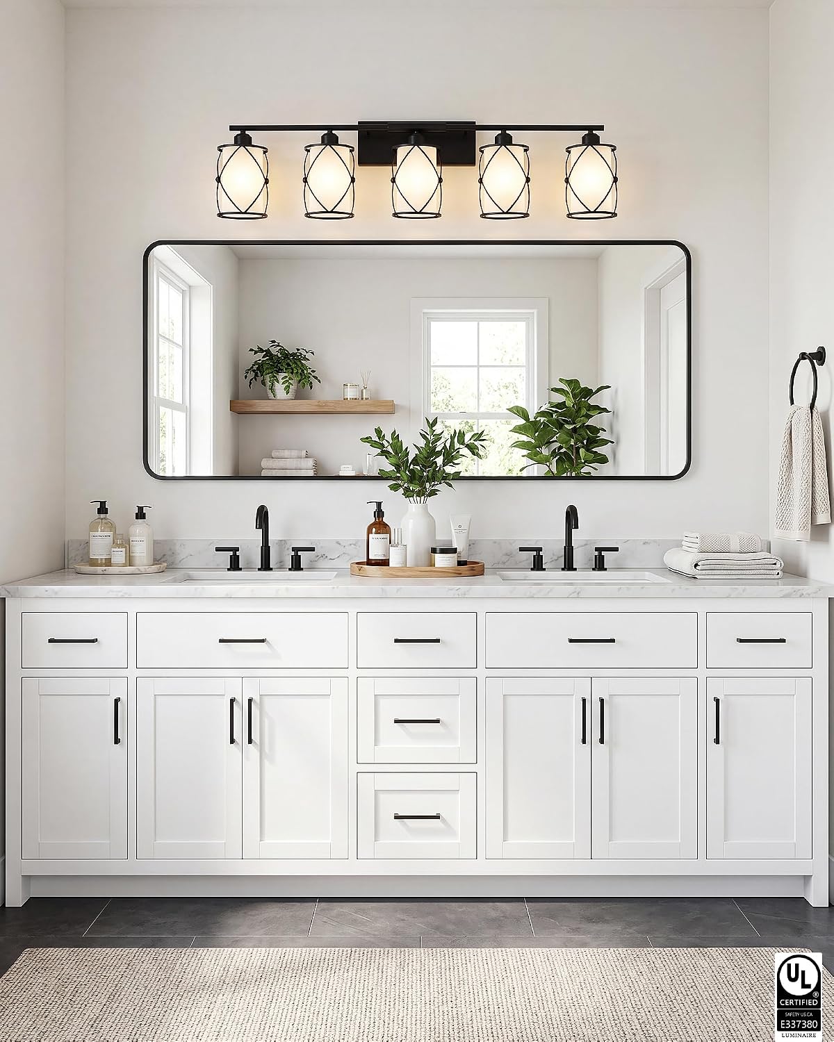 5-Light Matte Black Bathroom Light Fixtures Over Mirror, 38' UL-Listed Modern Farmhouse Wall Sconce Lights with Milk White Frosted Glass and Metal Cage for Bath, E26, CH9176BKW-5W
