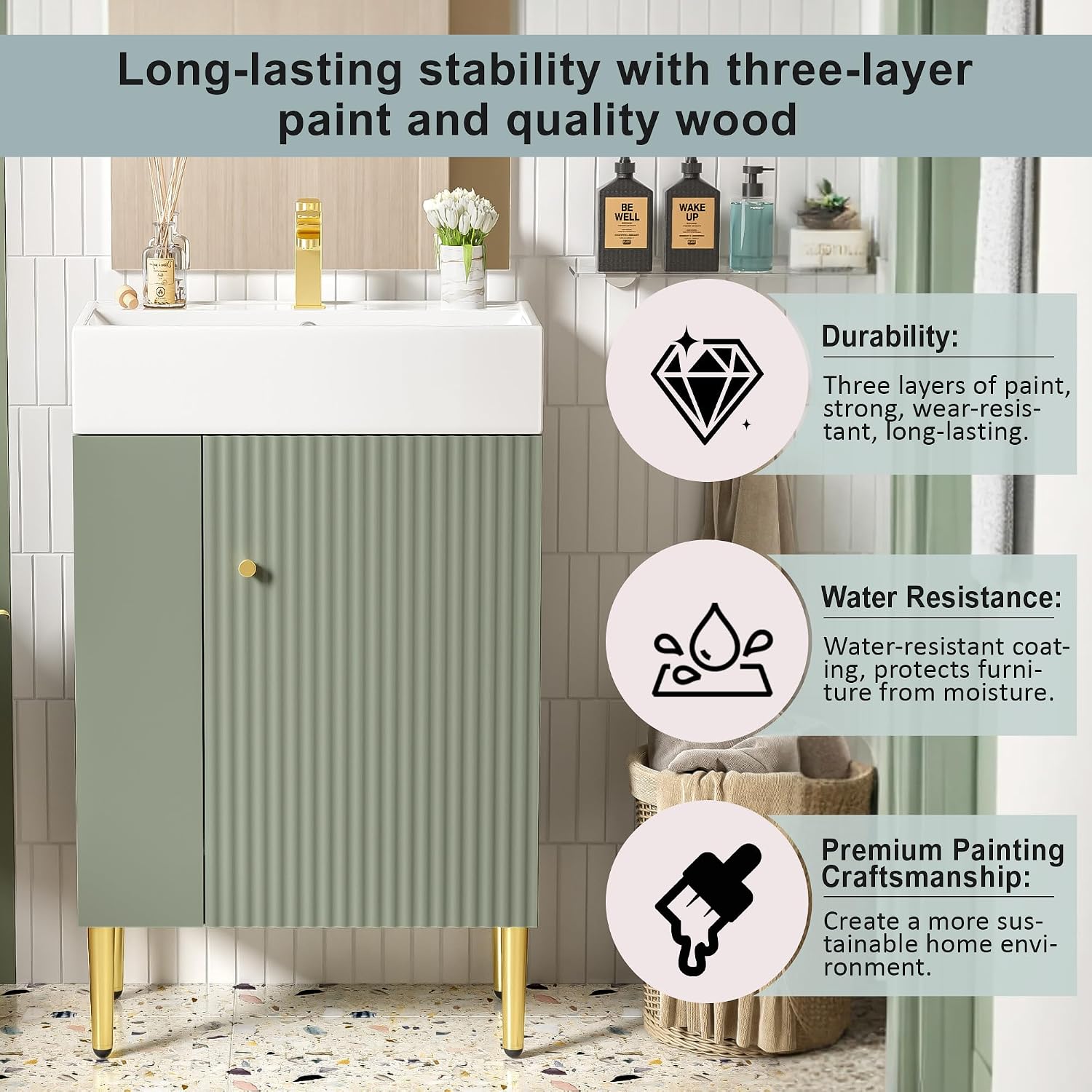 Merax 21.6' Bathroom Vanity, 21.6 Inch Freestanding Bathroom Vanity with Sink, Modern Vanity Floor Standing with 1 Door and White Ceramic Basin Sink Top, Green
