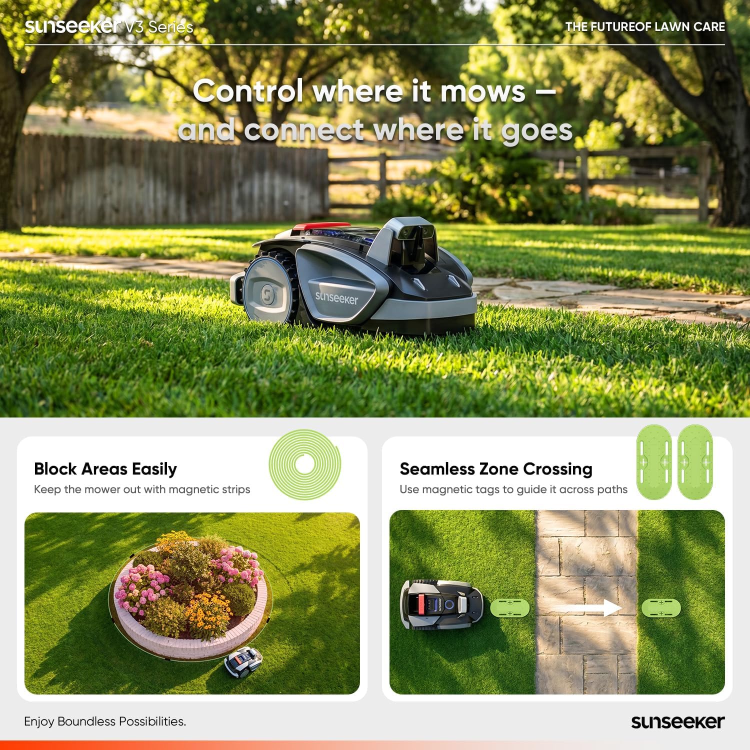 Sunseeker V3 Wireless Robot Lawn Mower for Small Yards, 0.15 Acre/6,400 Sq. Ft., Vision AI Obstacle Detection, One-Click Start, App Control, Auto Recharge, 42% Slope