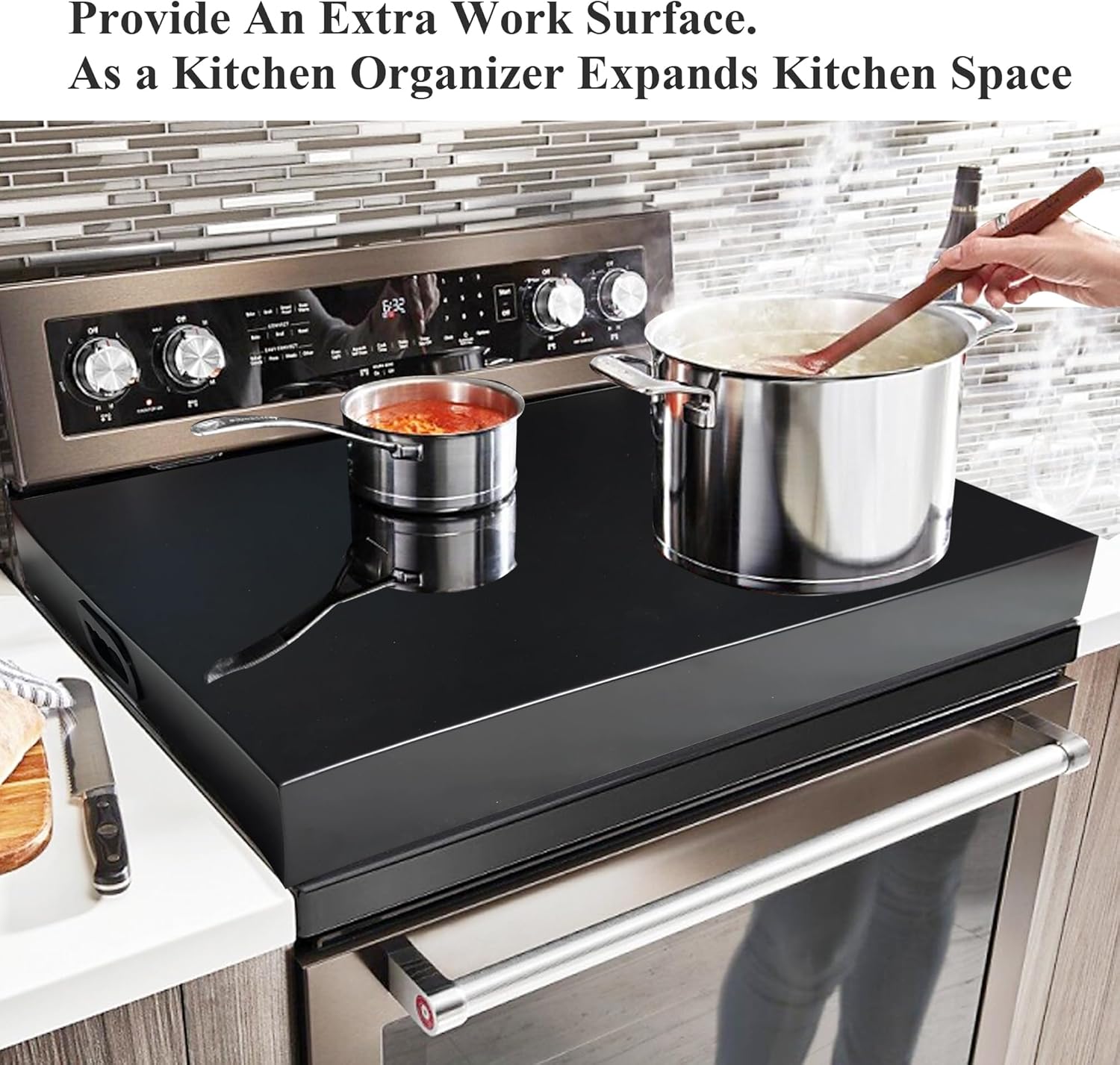 Stainless Steel Gas Stove Top Cover, Noodle Board Cooktop Cover, Kitchen Organizer for Gas and Electric Stove Range Expanding Kitchen Space, Large Size 30'x 22'x3', Black