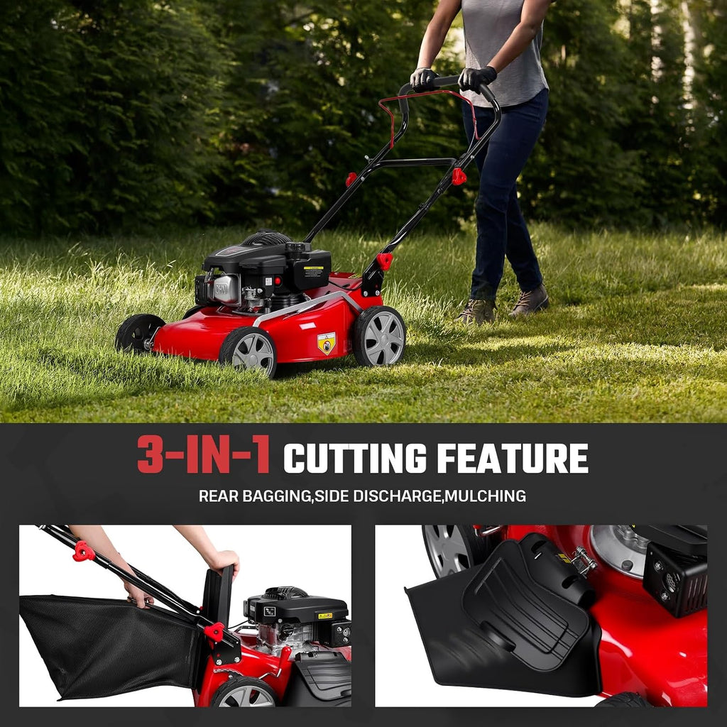 21 Inch Foldable Self Propelled Lawn Mower, 3-in-1 Gas Lawnmower with 173cc 4-Cycle Engine, Bagging, Mulching and Side Discharge, Adjustable 8-Positions Cutting Height, Easy Start Red