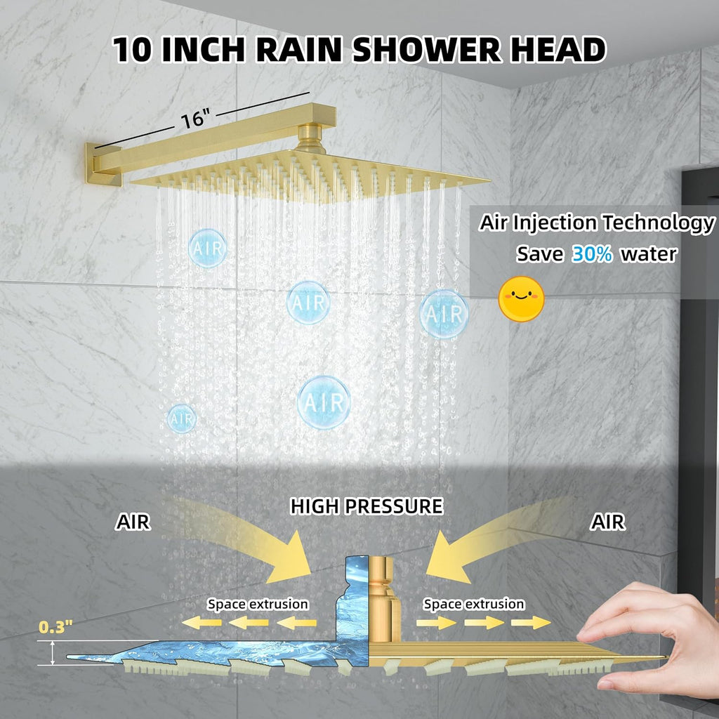 10 Inch Shower Faucet Set, Rainfall Shower System with Square Fixed Shower Head and High Pressure Handheld Shower Head, Spray Wall Mounted Rainfall Shower Fixtures, Brushed Gold