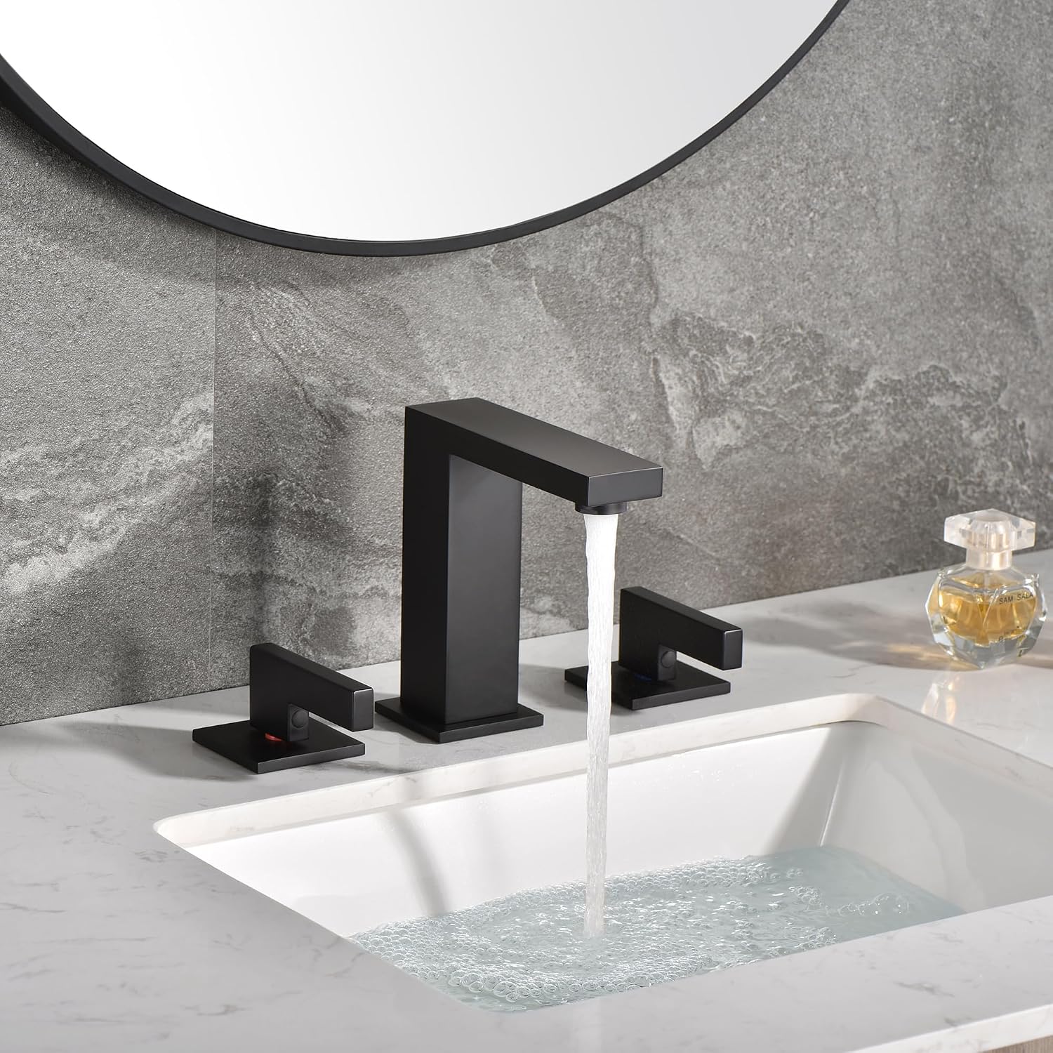 sumerain Widespread Matte Black Bathroom Sink Faucet 8 Inch 3 Hole Lavatory Faucet Vanity Faucet with Y Shape Quick Connect Hose