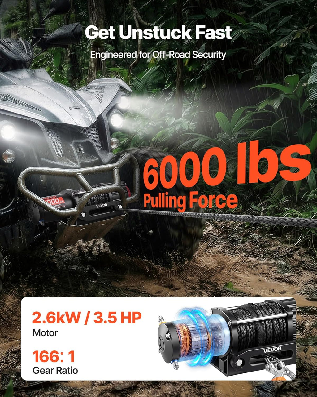 VEVOR 6000 lbs Electric Winch, 12V DC ATV/UTV Winch with Φ0.24 in x 49.2 ft Synthetic Rope, Wireless & Wired Remote Control, IP55 Waterproof, with Fairlead Mount Plate for Towing ATV UTV Off-Road
