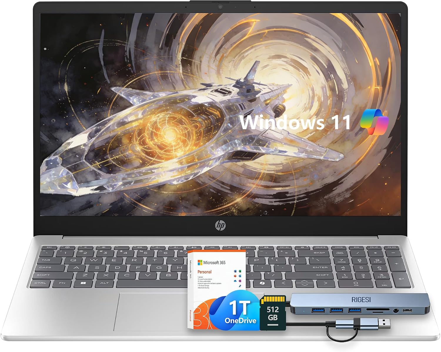 HP 15.6' Laptop – Complete Productivity Solution, Windows 11, Microsoft Office, Intel 4 Core N100, 16GB RAM, 640GB Storage (128GB UFS + 512GB SD Card), Copilot AI, Lightweight – Silver