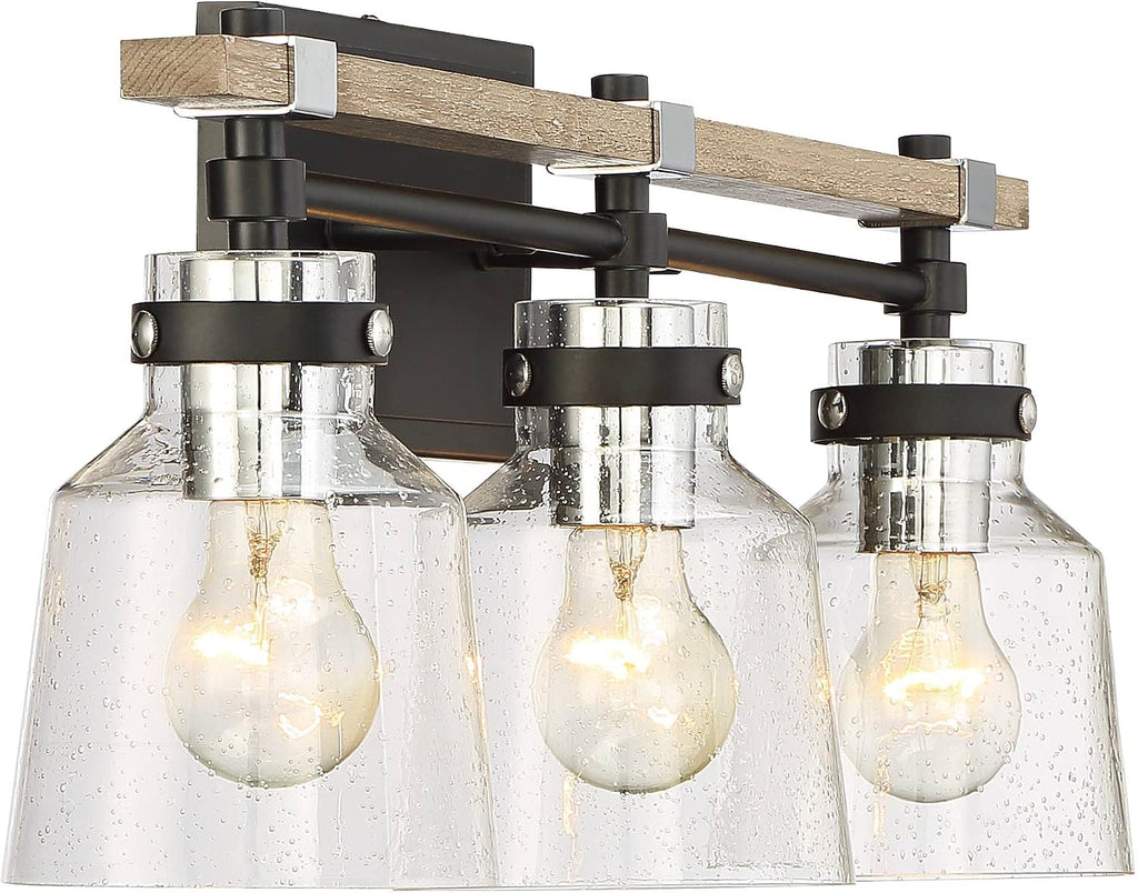Possini Euro Design Broadway Modern Industrial Wall Light Black Painted Faux Wood Hardwired 23' 3-Light Fixture Clear Seedy Glass Shade for Cottage Core Bedroom Bedside Bathroom Vanity Living Room