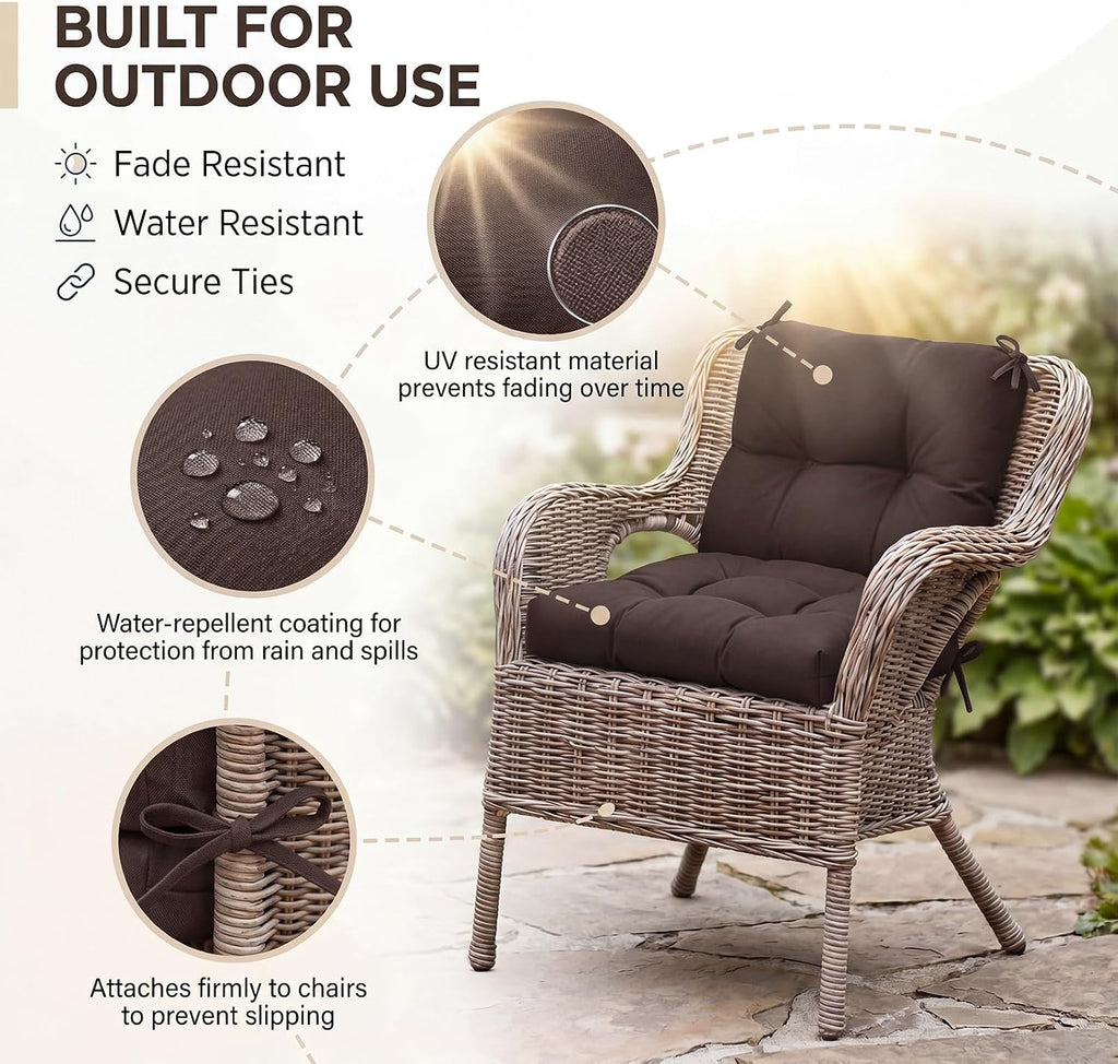 Geetery Outdoor Chair Cushions Set of 4 High Back Patio Furniture Replacement Seat Pads with Ties 42x21x4' for Lawn Porch Wicker Rocking Dining Chairs Weather Resistant Fade Resistant(Dark Brown)