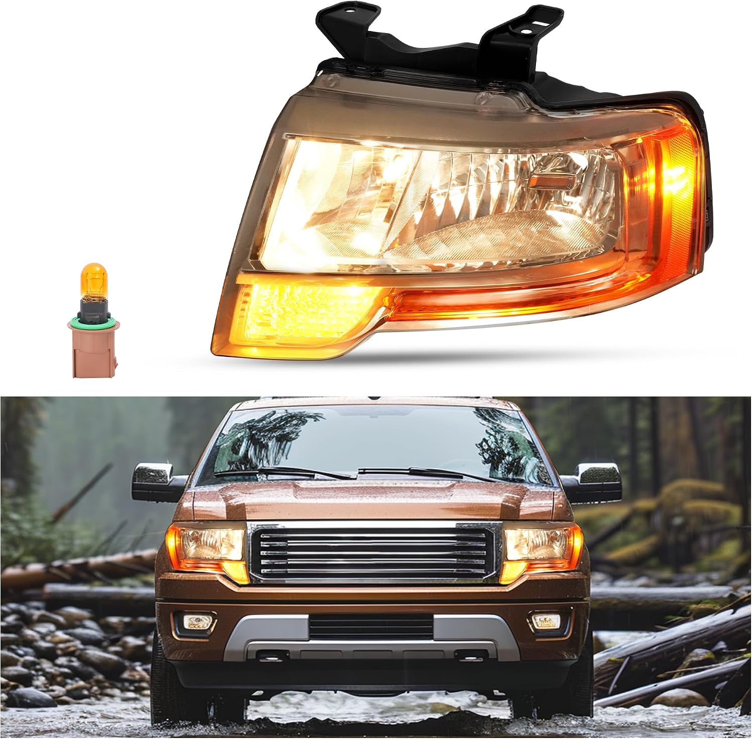 HECASA Left Headlight w/LED Indicator Compatible with 2015 2016 2017 Ford Expedition Replacement for FO2502346 Headlamp Front Light Lamp w/Bulb Driver Side Clear Lens & Chrome Housing