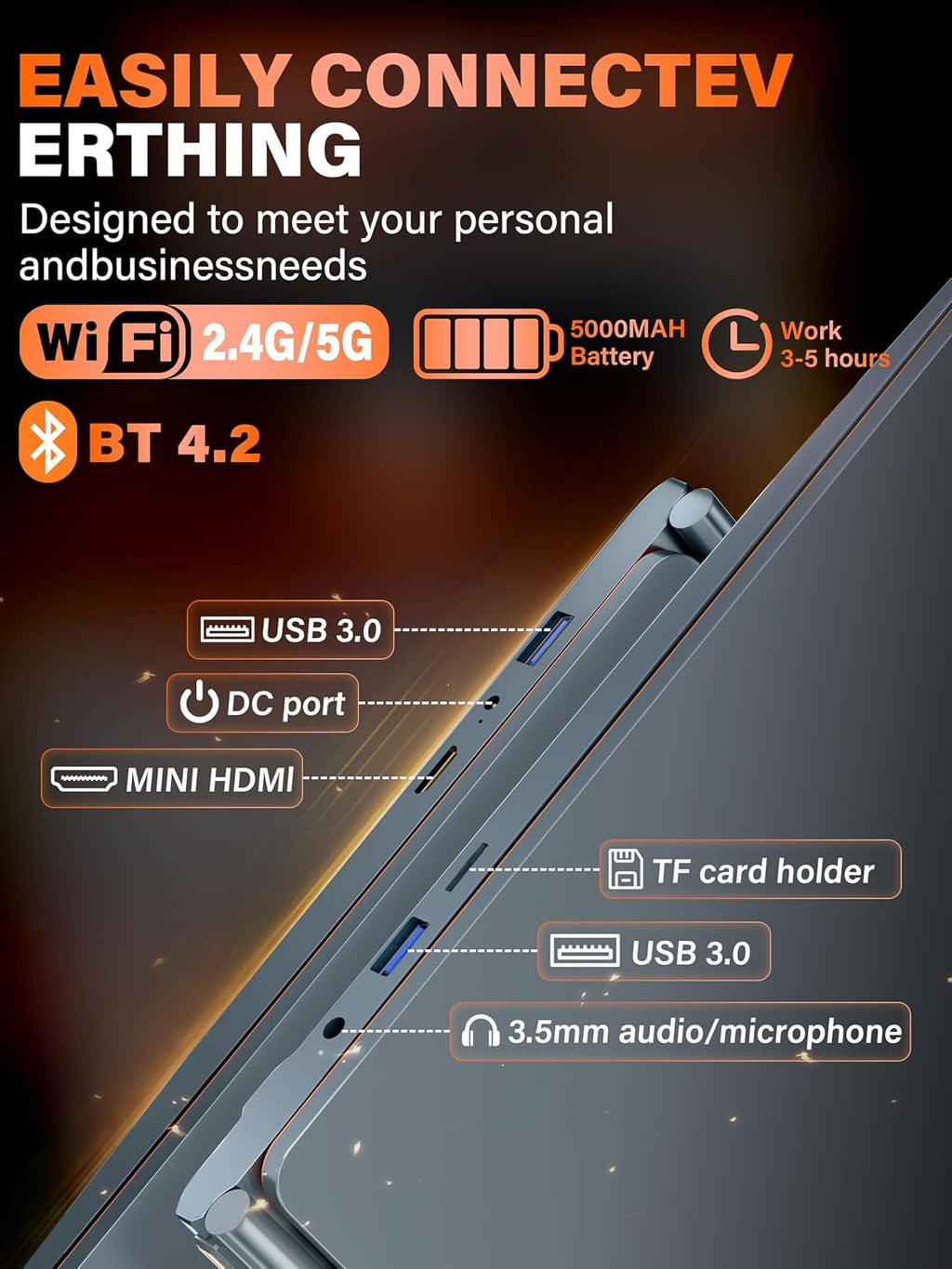 16 Inch Business Laptop Computer for Students & Professionals,4-Core Processor, 16:10 FHD IPS Display, 16GB RAM 512GB SSD, Backlit Keyboard, Fingerprint, Win 11 Pro, Gray with Orange Accents
