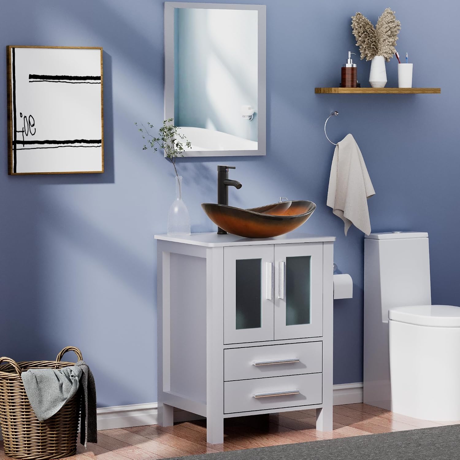 UEV 24' Grey Bathroom Vanity with Vessel Sink,Modern Bathroom Vanity Cabinet, Faucet Sink Bowl,Pop Up Drain Included,Modern Brown Boat Tempered Glass Vessel Sink,Mirror Not Included (029BR)