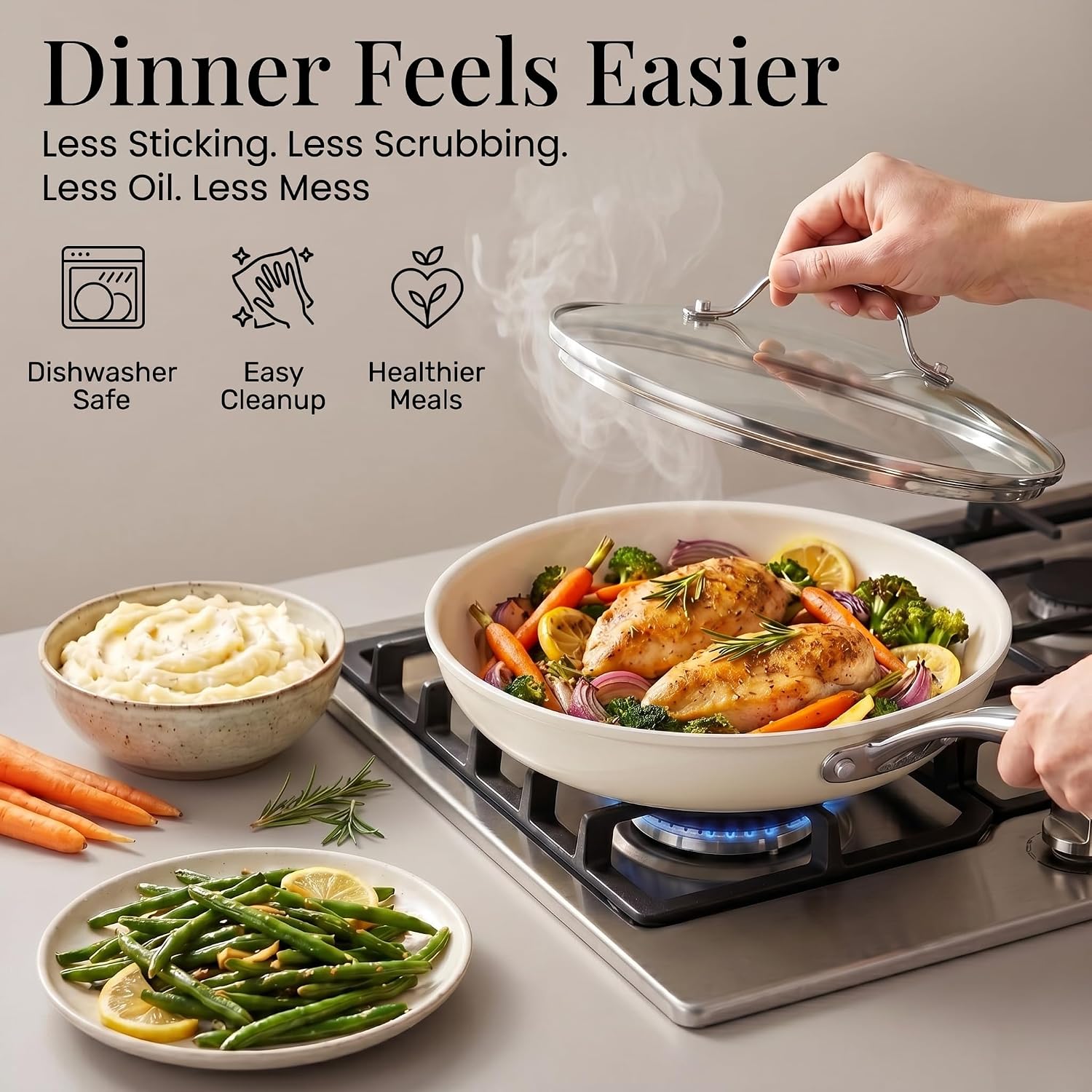 Gotham Steel 20pcs Pots and Pans Set Non Stick Ceramic Cookware Set with Deep Frying Pan Set & 6pc Knife Set, Made without PFOA PFOS, Lasts 2x Longer, Oven & Dishwasher Safe