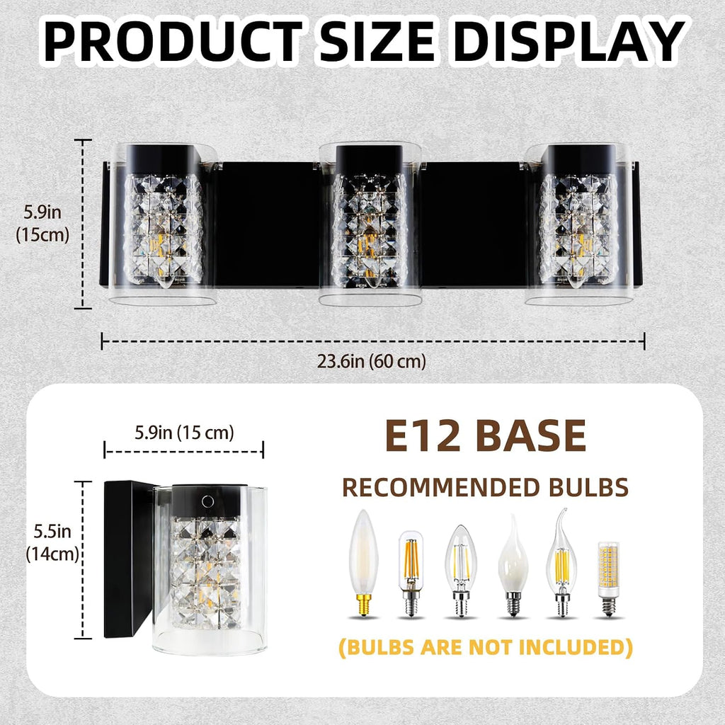 Modern Crystal Bathroom Light Fixtures, 3-Light Black Vanity Lights with Clear Shades, Bathroom Lighting Fixtures Over Mirror Wall Light for Living Room, Decoration,Bedroom（Exclude Bulb）