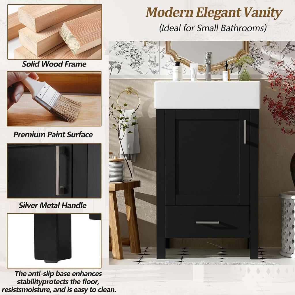 20-inch Bathroom Vanity with Sink Combo Set, Free Standing Single Storage Cabinet with Soft Closing Doors & One Drawer, Solid Wood Vanity Organizer with Ceramic Basin for Bathroom, Black