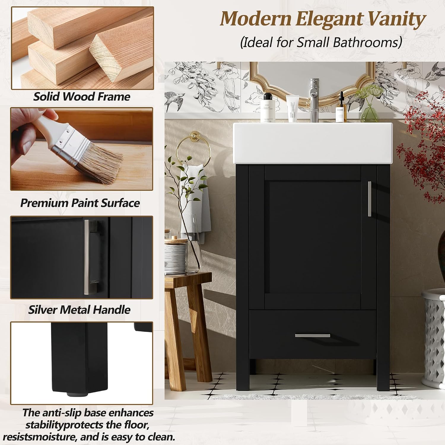20-inch Bathroom Vanity with Sink Combo Set, Free Standing Single Storage Cabinet with Soft Closing Doors & One Drawer, Solid Wood Vanity Organizer with Ceramic Basin for Bathroom, Black