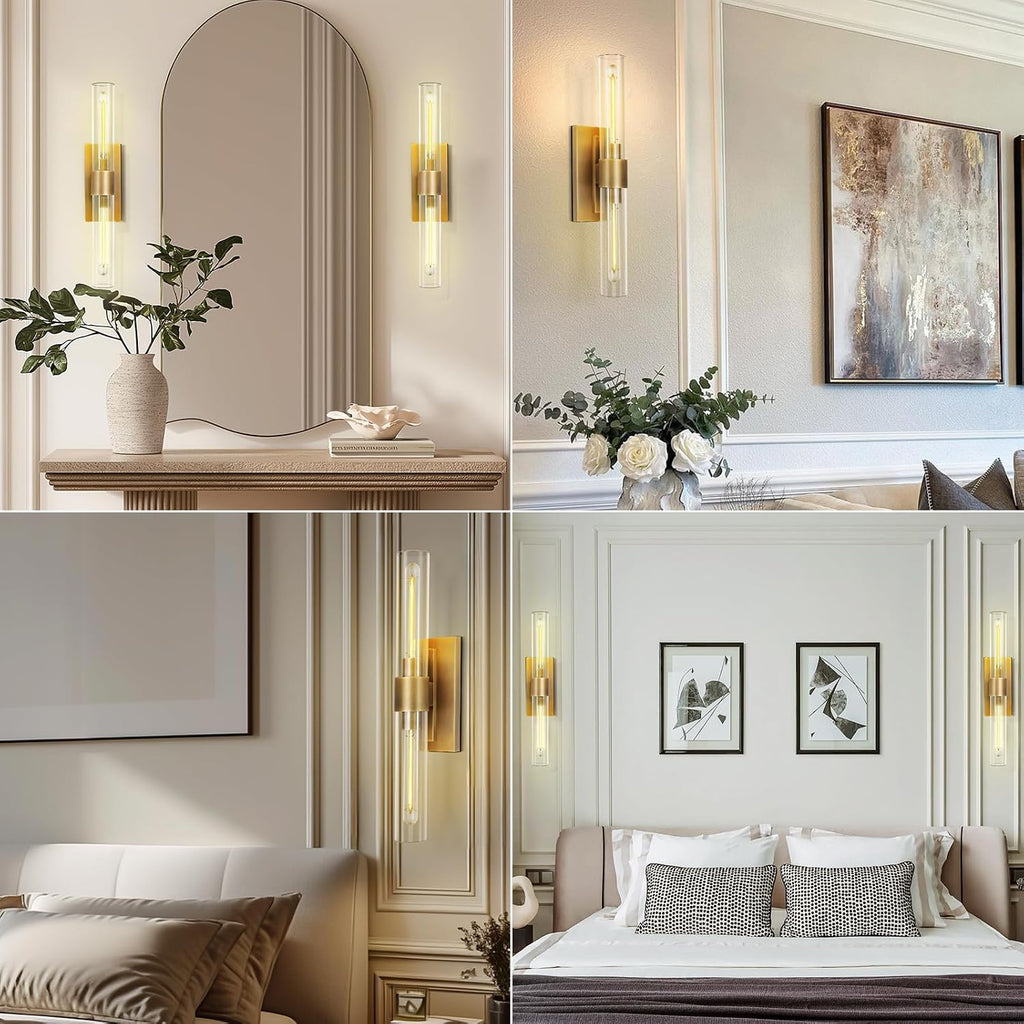 Modern Brass and Glass Wall Sconces, 24' Vanity Lights for Bathroom 2 Lights, Horizontal or Vertical Linear Wall Sconce,Indoor Sconces Wall Lighting,Bathroom Wall Sconce Set of Two
