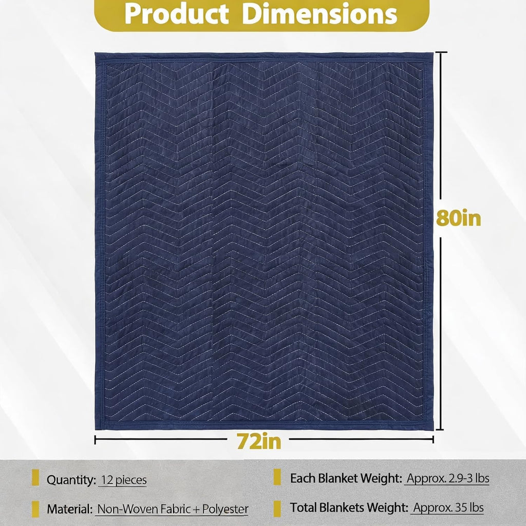 ZENY Moving Blankets 12 Pack, Heavy Duty 35 lb/dz, Quilted Furniture Pads Large 80x72 Inches for Moving and Storage (24, Dark Blue)