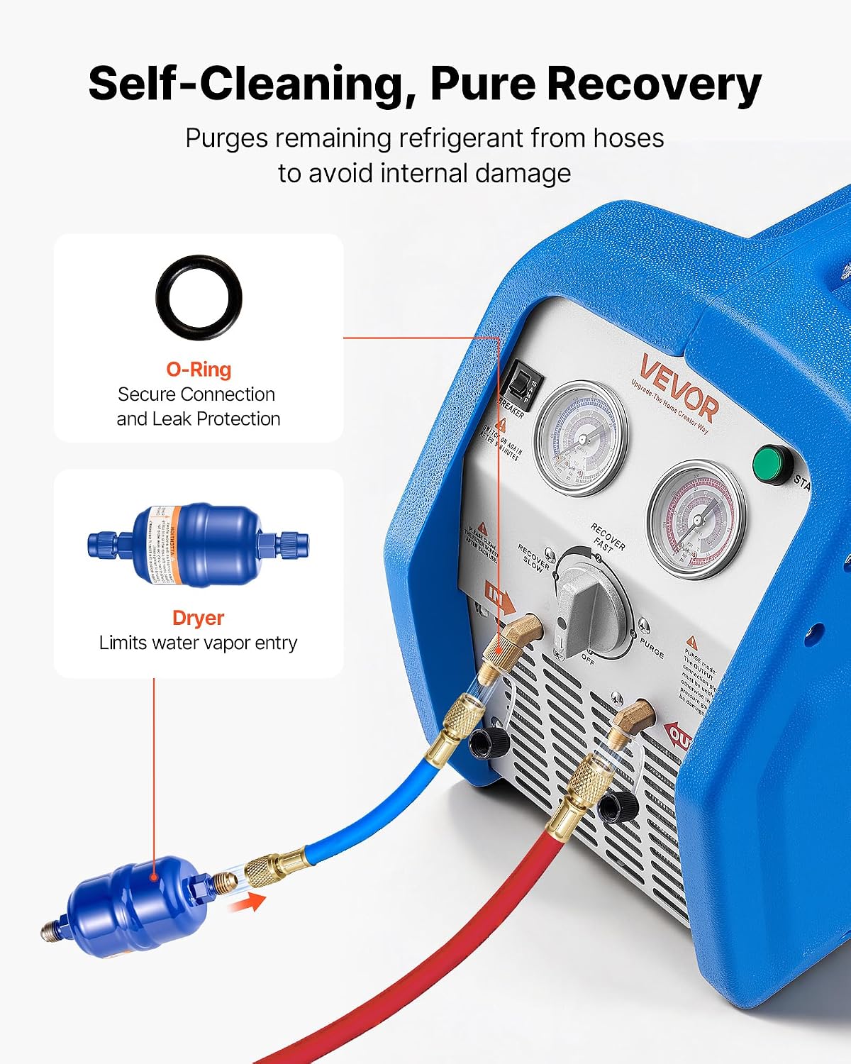 VEVOR Portable Refrigerant Recovery Machine, 1 HP 120V 60Hz Dual Cylinder AC Recovery Machine for Liquid Vapor Refrigerant, 1750 RPM Recycling Unit HVAC for Automotive & Household Air Conditioning