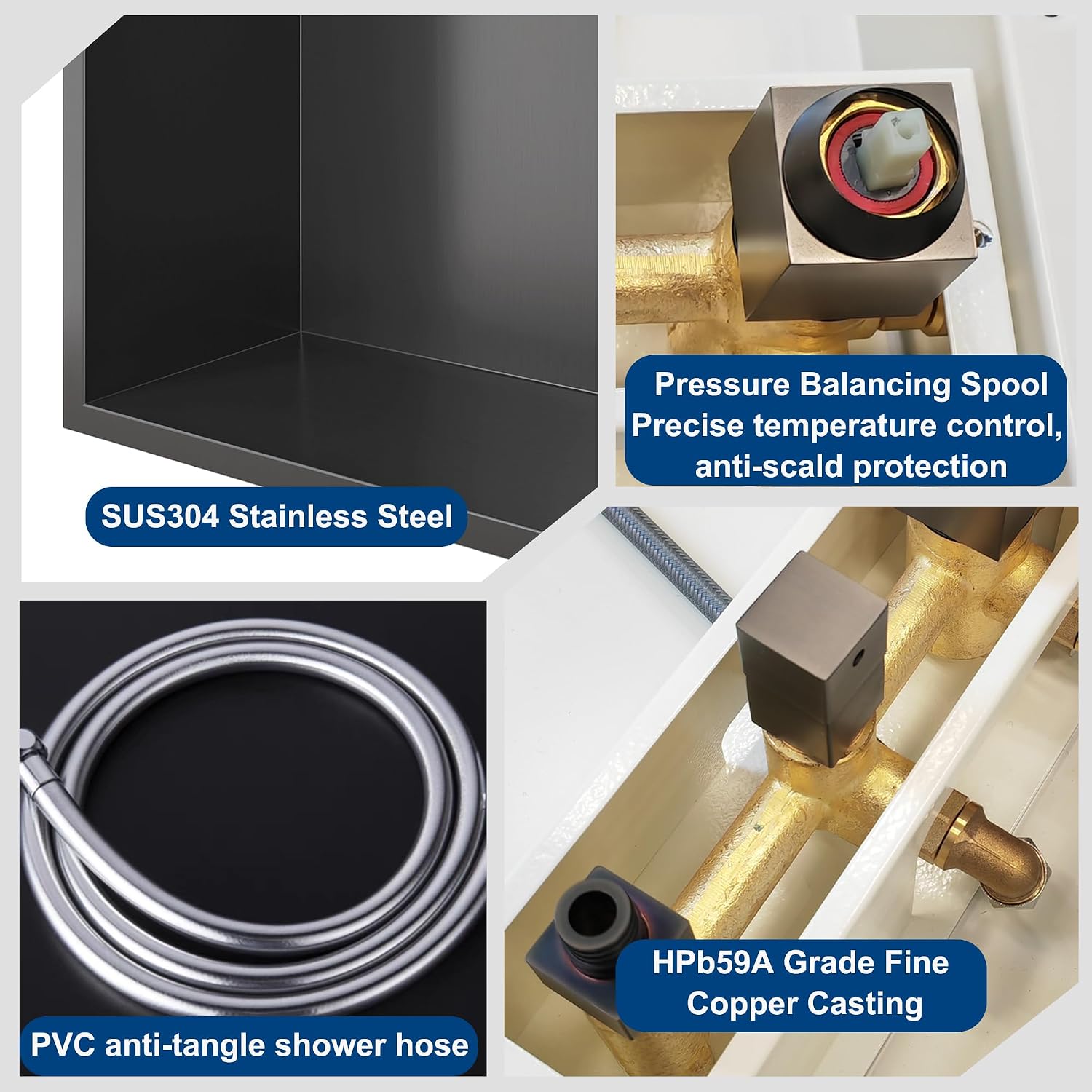 Integrated Shower Niche with Shower Head and Hand Shower, Qeke Stainless Steel Shower Tower System with Led Lights, 2-Tiers No Tile Needed Shower Niche for Bathroom in Gunmetal Black (Brushed Shower)