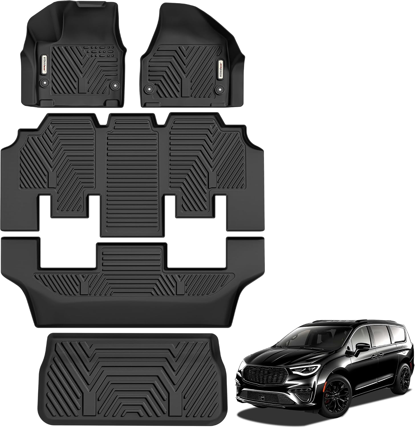 YITAMOTOR Floor Mats for Chrysler Pacifica 2017-2026 7/8 Passenger (No Hybrid) & Voyager 2020-2026, Custom Fit All Weather Anti-Slip TPE Rubber Automotive Accessories, 3 Row & Cargo Liner Set, Black