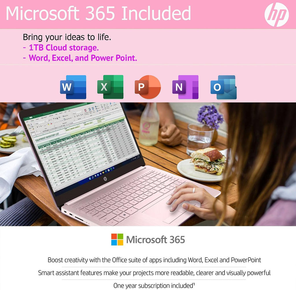 HP Ultralight 14 inch Laptop with Intel 4-Core Processor • with Microsoft 365 and Wireless Earbuds • 16GB RAM • 64GB SSD • HD Display • Pink • Windows 11