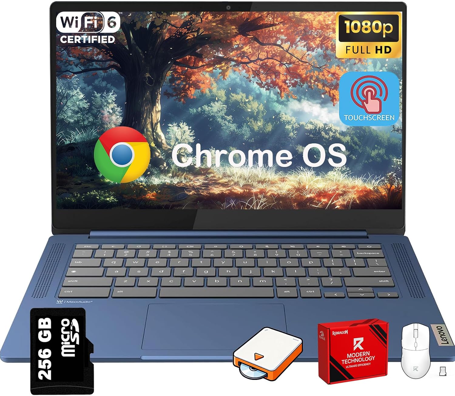 Lenovo IdeaPad Slim 3 Chromebook Laptop for Students - 14'' FHD Touchscreen, 8-Core MediaTek Kompanio 520, Lightweight, 4GB RAM, 64GB eMMC & 256GB Micro SD Card, Wi-Fi 6, Chome OS, W/Accessories