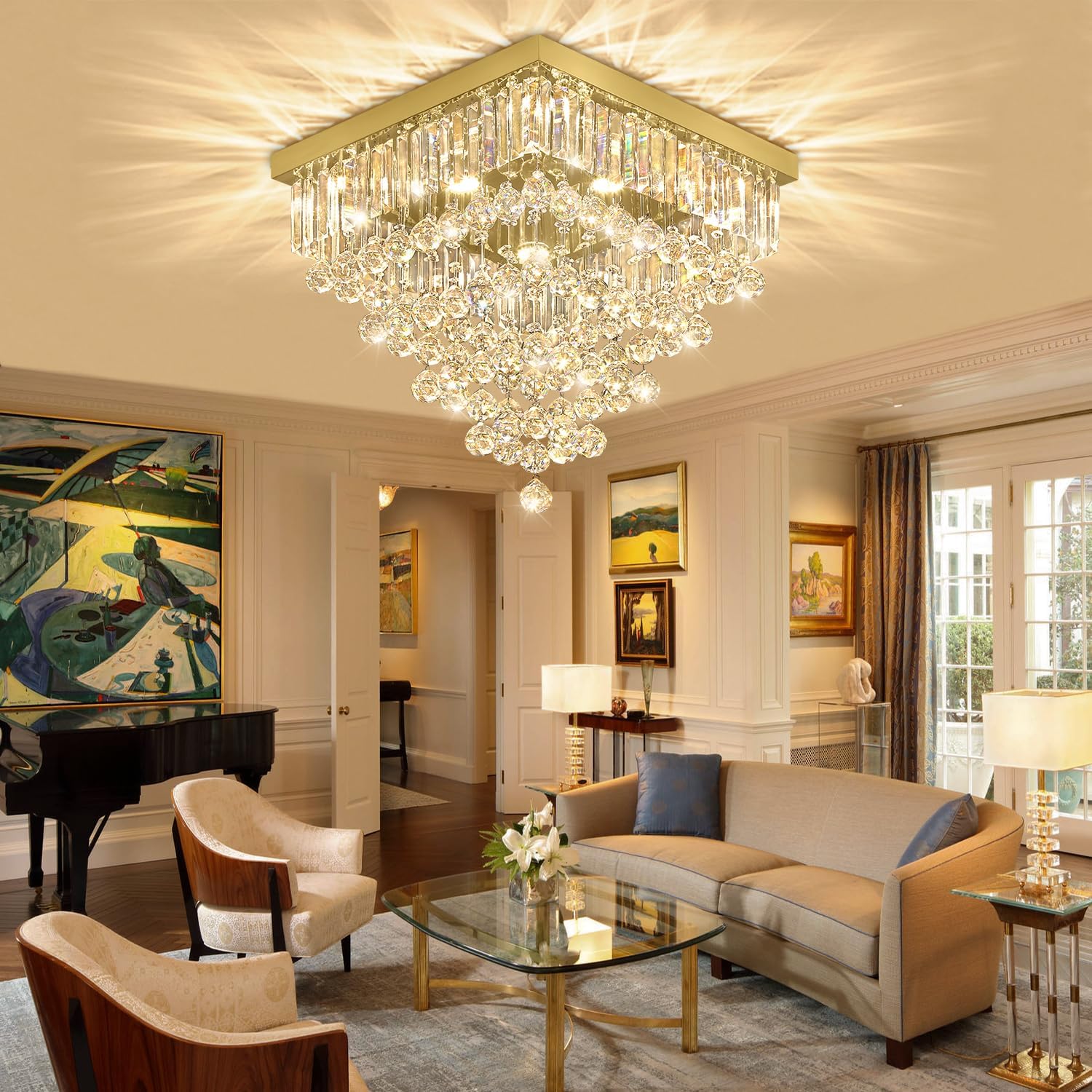 Modern Gold Square Crystal Flush Mount Ceiling Light 20' 6 Lights Luxury K9 Crystal Chandelier Lighting Fixture for Living Room Dining Room Bedroom Kitchen Entryway Hallway Foyer