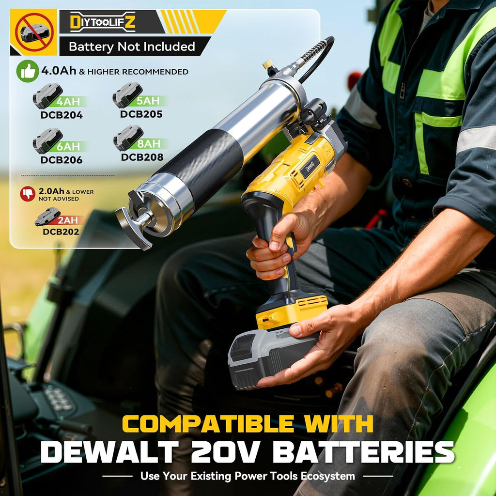 DIYtoolifz Cordless Grease Gun Compatible with DeWalt 20V Battery, 12000PSI High-Pressure with 2-in-1 Rotating Handle, 39.4' Hose & 4 Couplers for Bulk & Cartridge Grease (Tool Only)