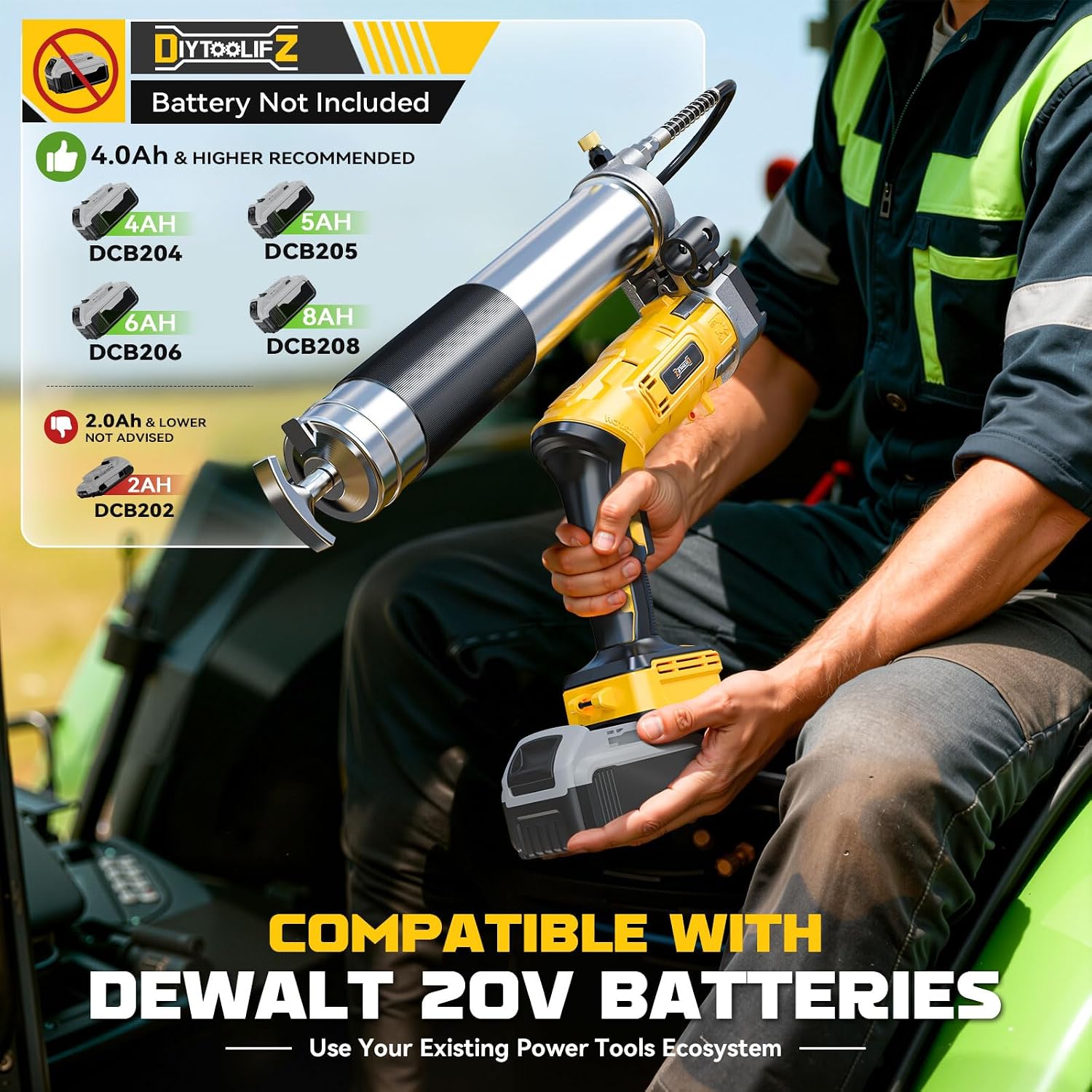 DIYtoolifz Cordless Grease Gun Compatible with DeWalt 20V Battery, 12000PSI High-Pressure with 2-in-1 Rotating Handle, 39.4' Hose & 4 Couplers for Bulk & Cartridge Grease (Tool Only)