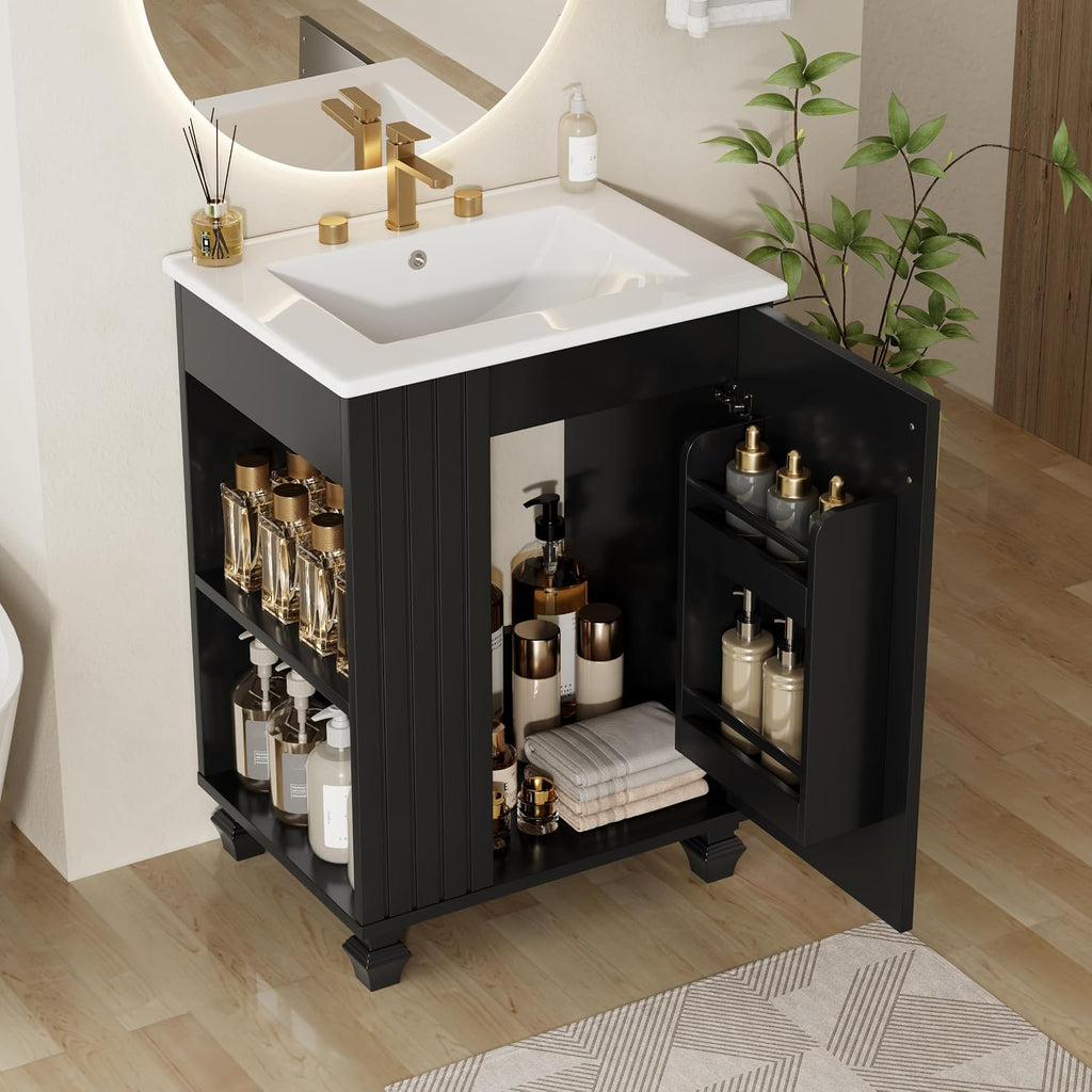 24-inch Bathroom Vanity with Sink Combo, Free-Standing Single Storage Cabinet with Door Shelf, Side Open Storage, and Cabinet, Vanity with Ceramic Basin for Bathroom (Black)
