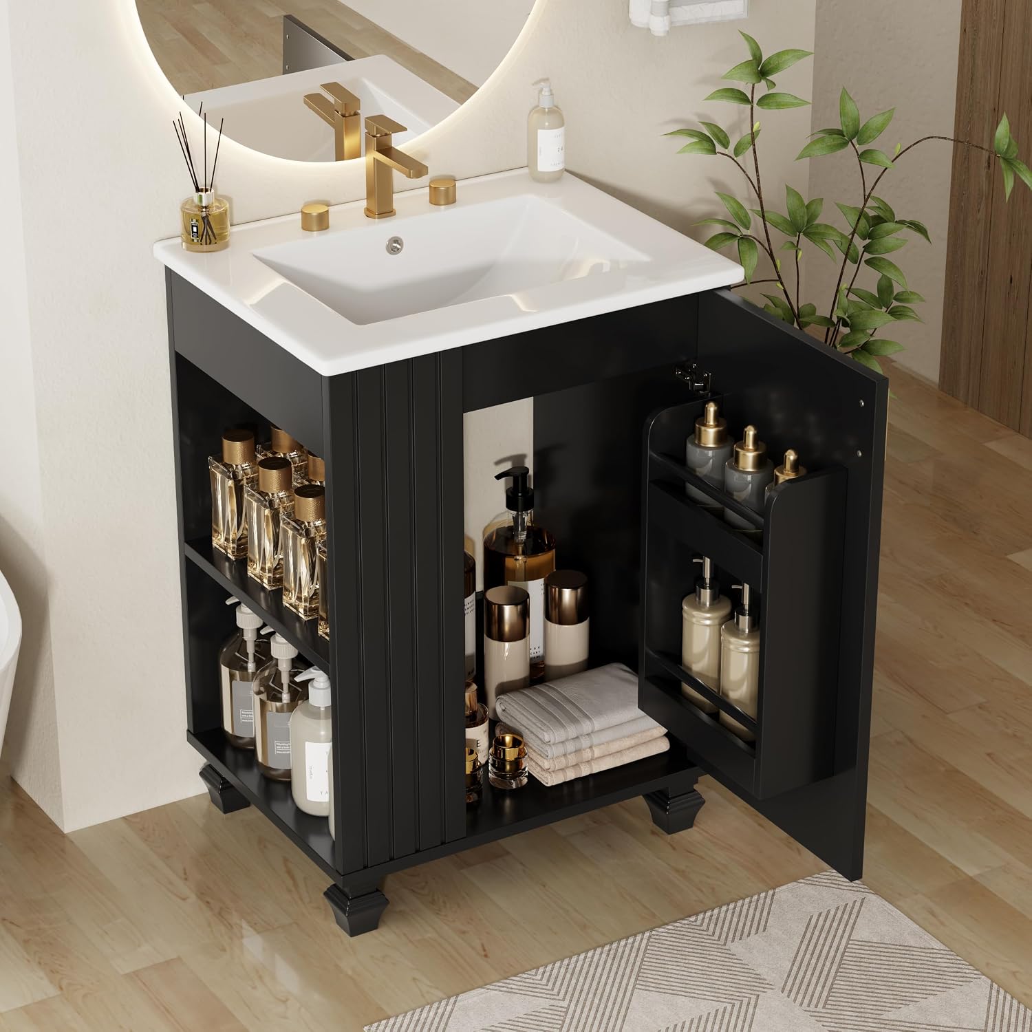 24-inch Bathroom Vanity with Sink Combo, Free-Standing Single Storage Cabinet with Door Shelf, Side Open Storage, and Cabinet, Vanity with Ceramic Basin for Bathroom (Black)