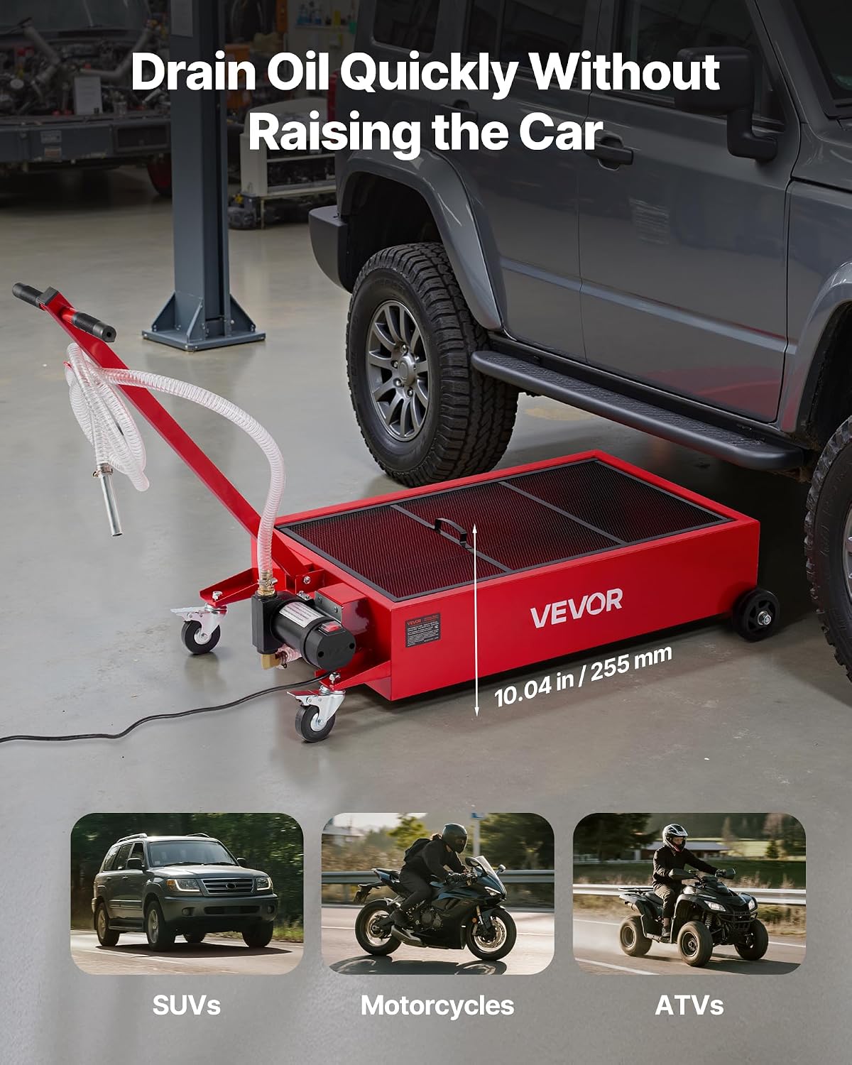 VEVOR Low Profile Oil Drain Pan, 17 Gal Capacity, Rolling Oil Drain Pan with 110V High-Flow Electric Pump, 7.2 ft Hose & T Folding Handle, Leak-Proof & Corrosion-Resistant, Fit for Trucks, ATVs, Red