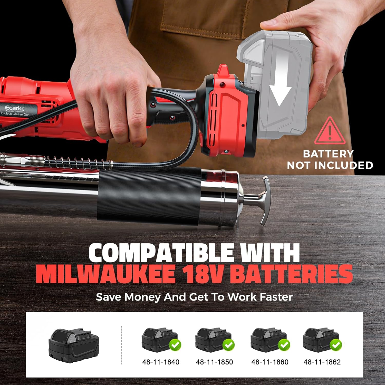 Ecarke Cordless Grease Gun Compatible with Milwaukee 18V Battery, 12000PSI Max Electric Grease Gun, Dual Pistol & in-Line Grip, Works with Bulk & Cartridge Grease, 39' Hose & 4 Couplers (Tool Only)