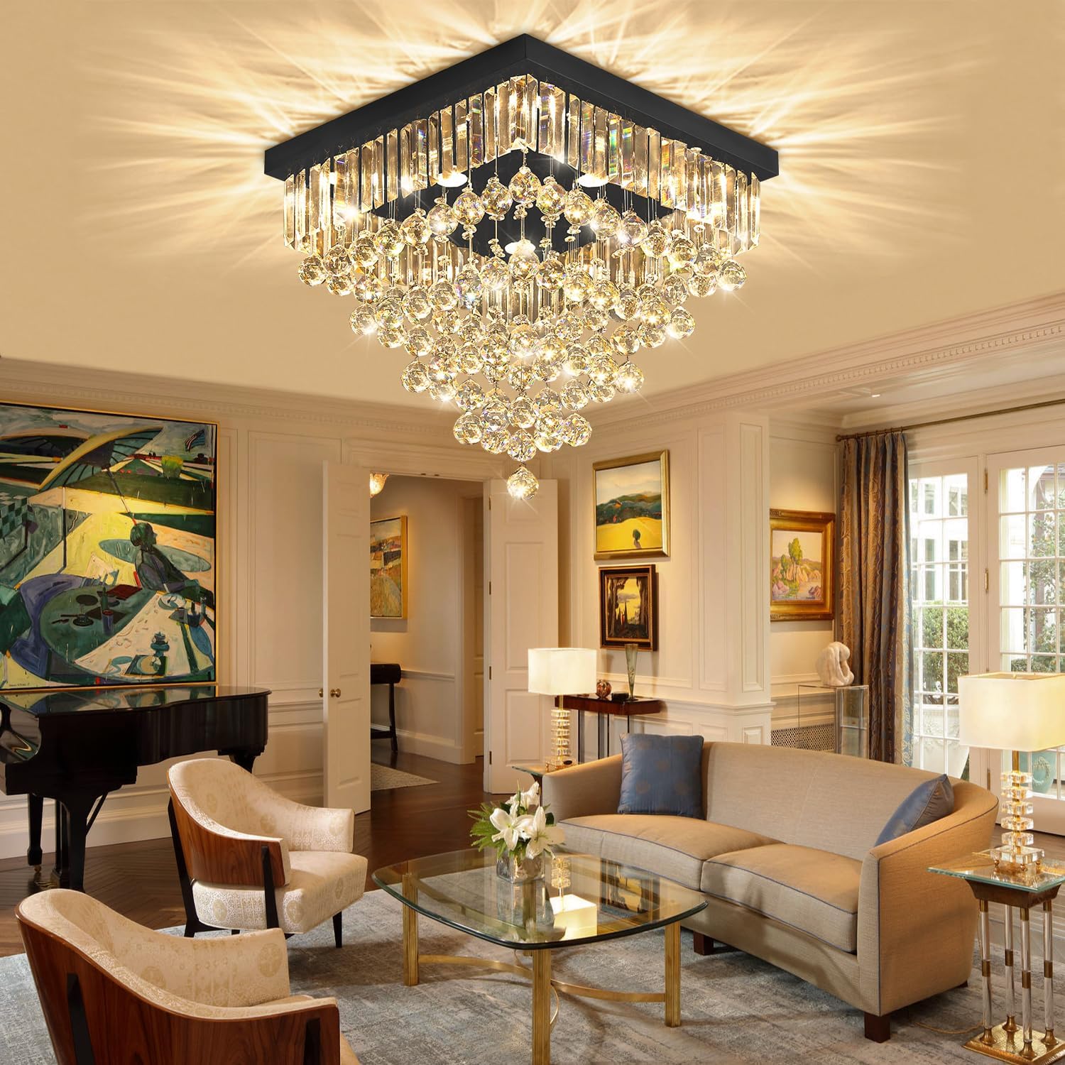 Luxury 20' Square K9 Crystal Flush Mount Chandelier, Modern Black 6-Light LED Ceiling Light, Dimmable Chandeliers Fixture for Dining Room, Living Room, Bedroom, Entryway