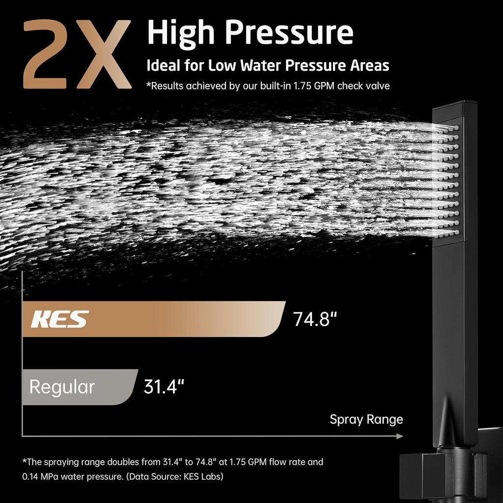 KES Black Shower Faucet Set Complete, 12 Inch Rainfall Shower Head with Handheld Spray, Waterfall Tub Spout Bathtub Faucet, Shower System, Regaderas Modernas Para Ducha, XB6305F18S12-BK