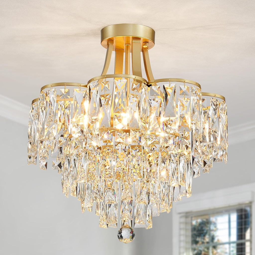 WUZUPS Crystal Chandelier Semi-Flushmount Ceiling Light Modern Lighting Fixture for Bedroom Hallway Entry Kitchen Bathroom, H 19.3' x W 18.3', E12 Base, Gold