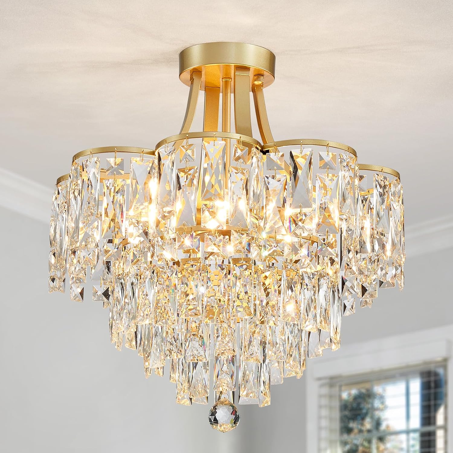 WUZUPS Crystal Chandelier Semi-Flushmount Ceiling Light Modern Lighting Fixture for Bedroom Hallway Entry Kitchen Bathroom, H 19.3' x W 18.3', E12 Base, Gold