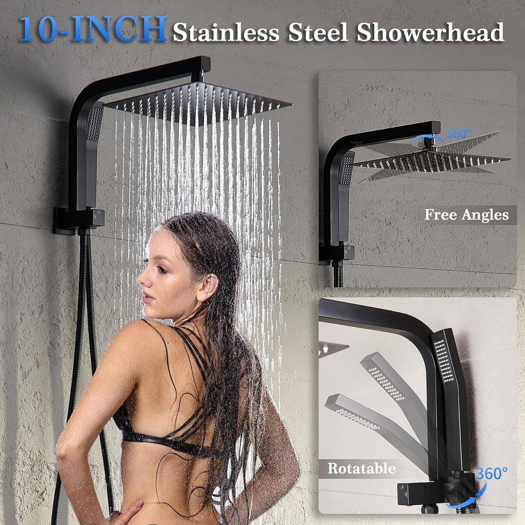 Black Shower Head and Handle Set, Shower Faucet Set with 10 Inch Rain Shower Heads with Handheld Spray Combo, Rainfall Bathroom Shower System Rain Shower Head and Handle Set