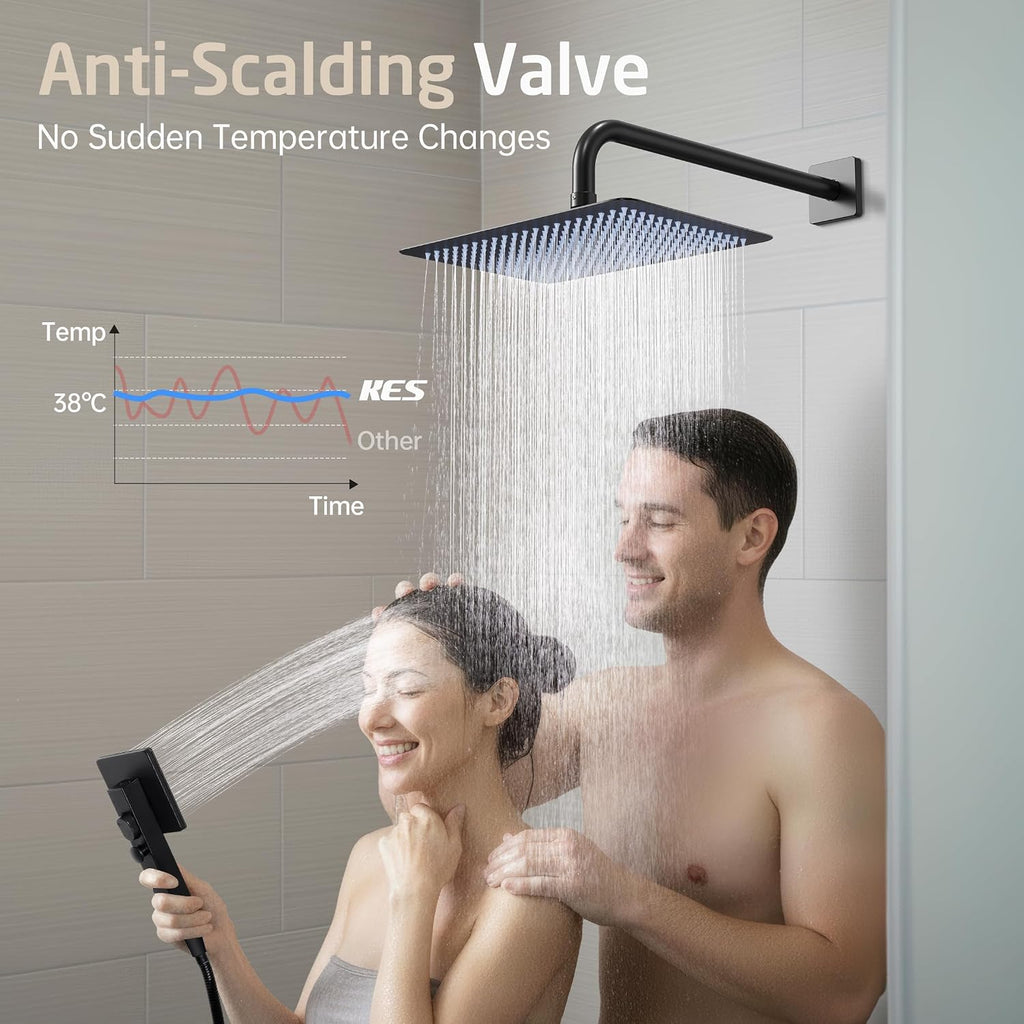 KES Black Shower Faucet Set with 12' Rectangle Rain Head, 18/8 stainless steel Shower Head System with 3-Modes Handheld Spray, Pressure-Balanced Anti-Scald Valve, XB6247S12-BK