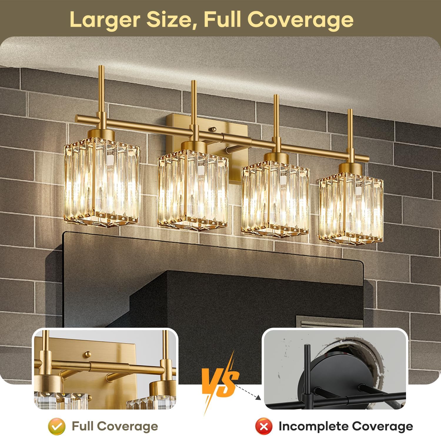 Torondo Modern Crystal Bathroom Vanity Light 4-Lights Brushed Gold Bathroom Light Fixtures Over Mirror Brushed Gold Vanity Lighting Fixtures Square Shade Brass Wall Sconce (Bulbs Not Include)
