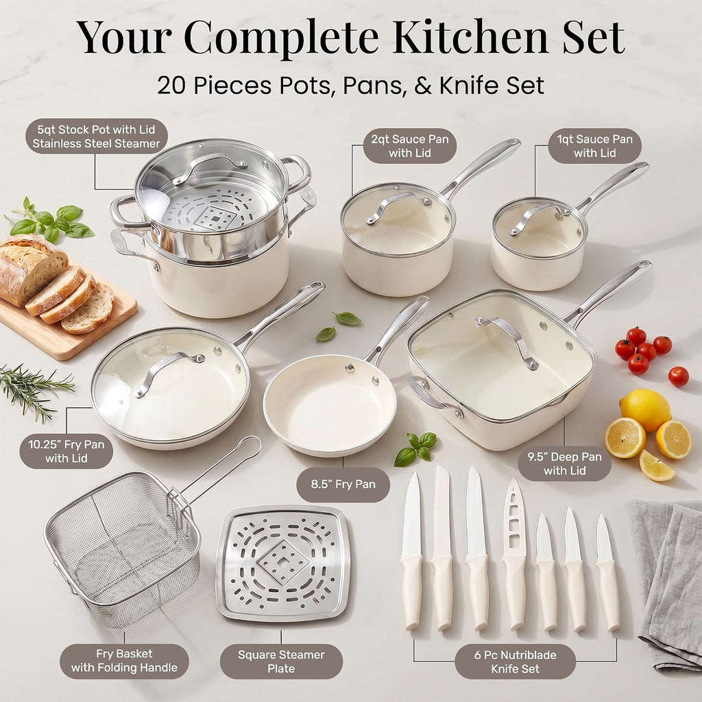 Gotham Steel 20pcs Pots and Pans Set Non Stick Ceramic Cookware Set with Deep Frying Pan Set & 6pc Knife Set, Made without PFOA PFOS, Lasts 2x Longer, Oven & Dishwasher Safe