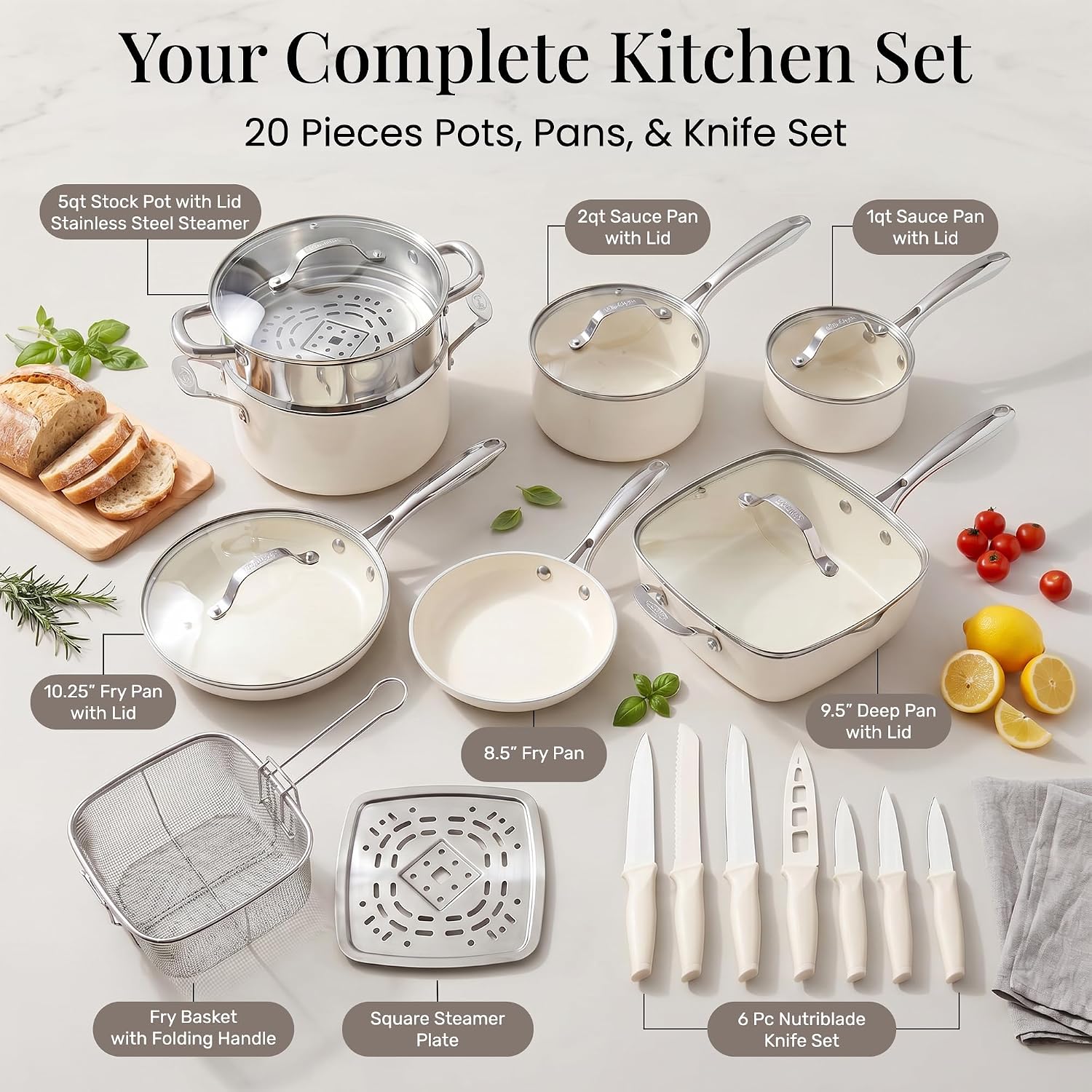 Gotham Steel 20pcs Pots and Pans Set Non Stick Ceramic Cookware Set with Deep Frying Pan Set & 6pc Knife Set, Made without PFOA PFOS, Lasts 2x Longer, Oven & Dishwasher Safe