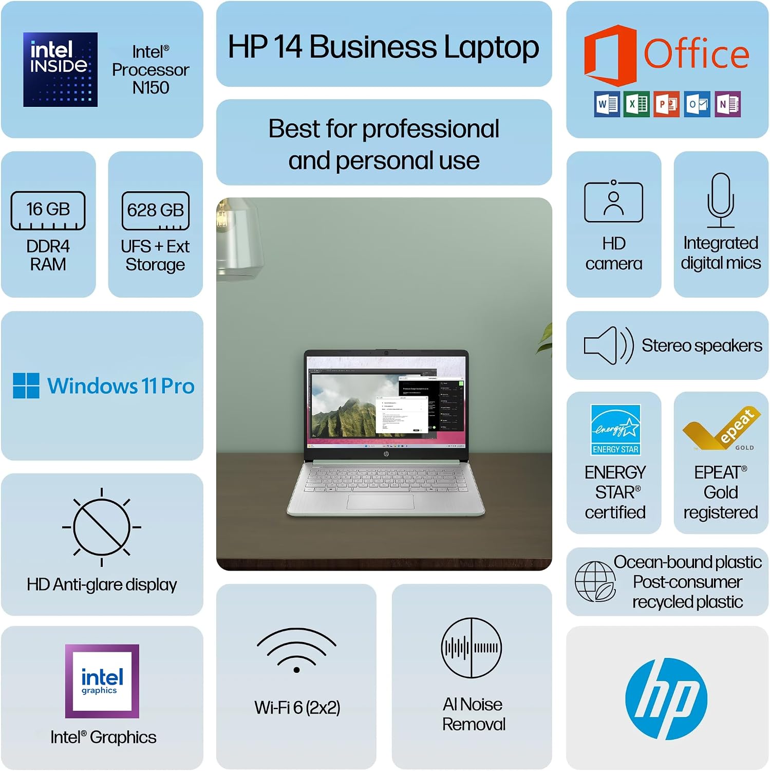 HP 14' Flagship Laptop 2025 AI-Powered Computer, Office Lifetime, Student Business, 4-Core Intel CPU, 16GB RAM 628GB Storage (128GB UFS+ 500GB Ext), Long Battery HubxcelAccessory Win 11 Pro Green