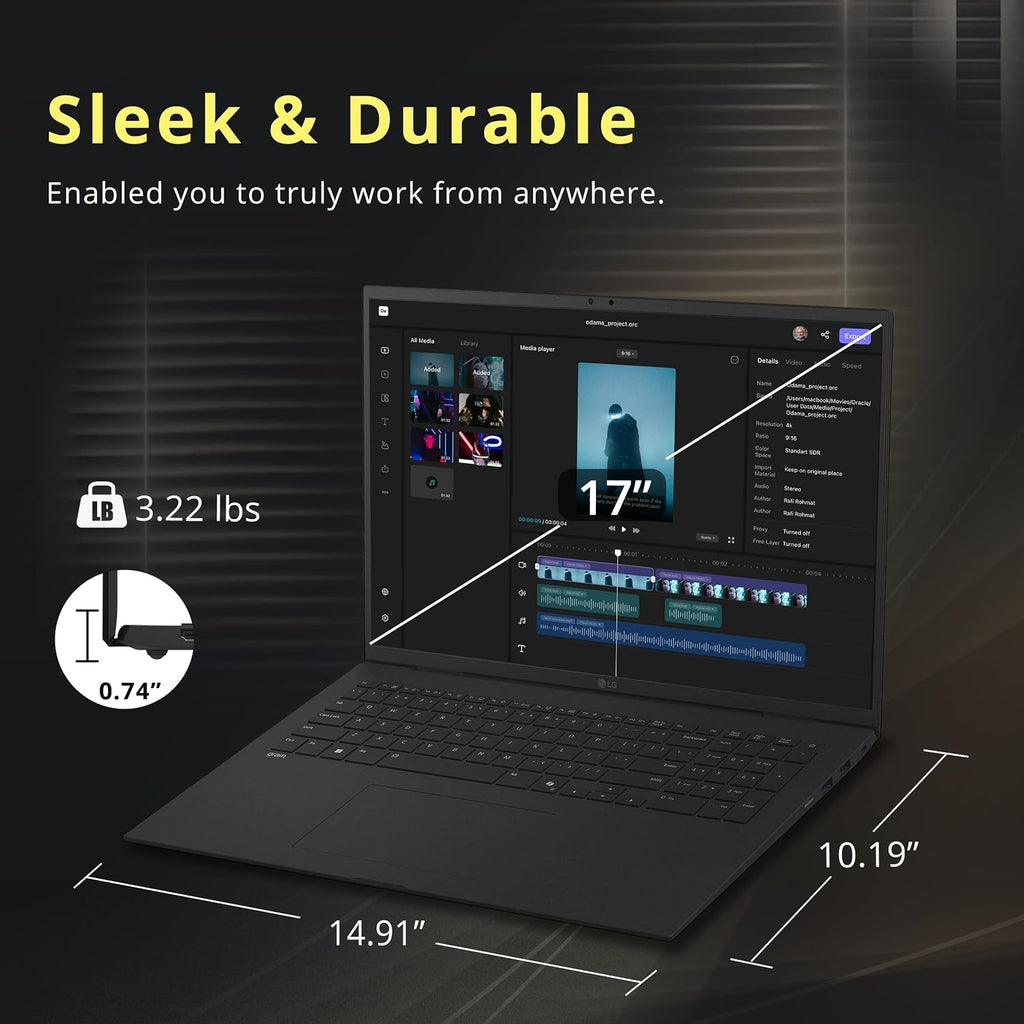 LG Gram 17' WQXGA Touchscreen Copilot+ PC Laptop, Intel Ultra 7 258V, 32GB LPDDR5X, 3TB Storage (2TB SSD+1TB Docking Station), Intel Arc Graphics, Backlit Keyboard, FHD Webcam, Wi-Fi 7, Win 11, Black